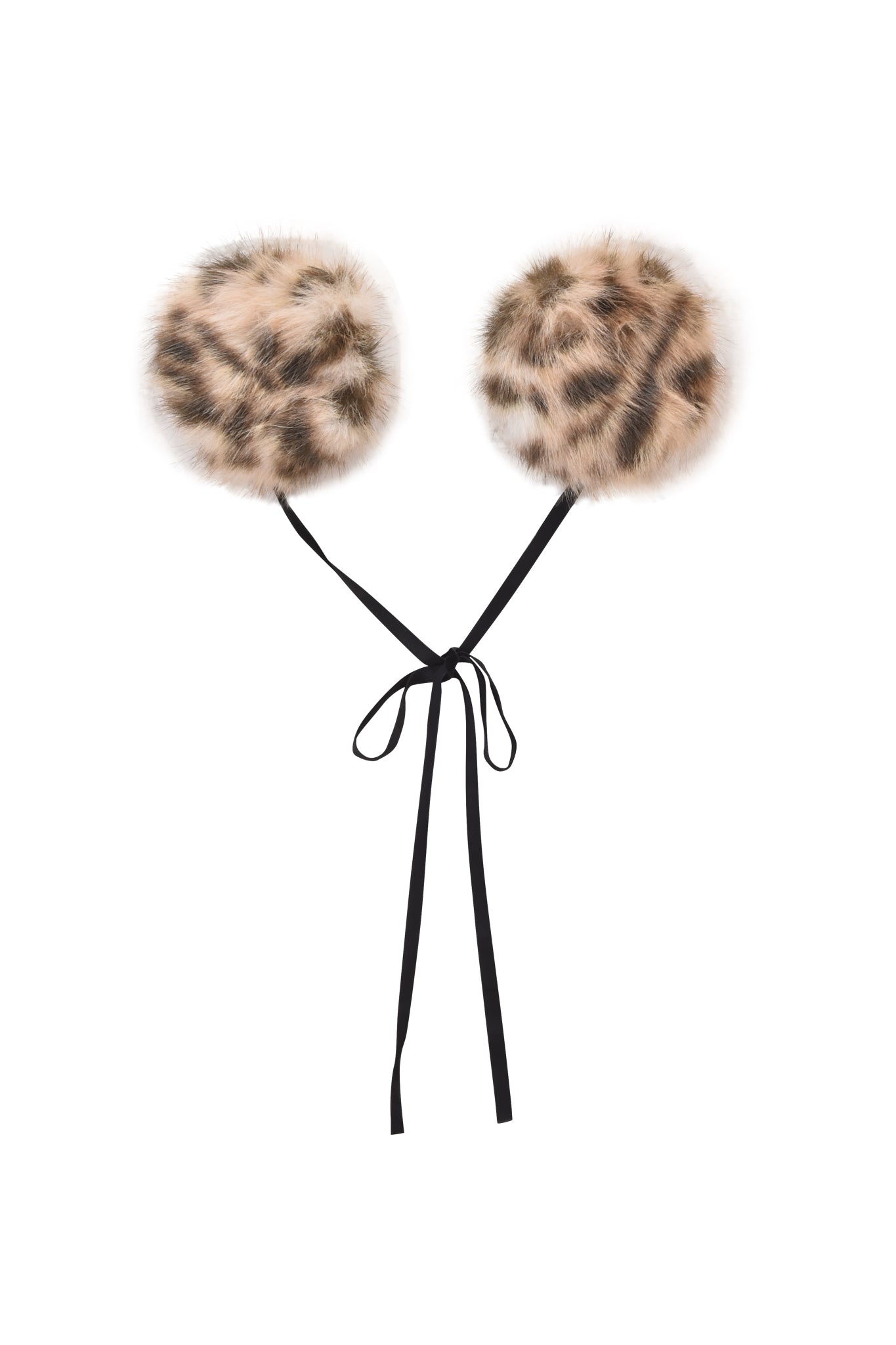 The FAWN HEADPHONE COVERS - LEOPARD by I.AM.GIA feature two round, fluffy faux fur pom-poms with a brown and black spotted design and black ribbon ties—stylish headphone accessories for your AirPods Max.