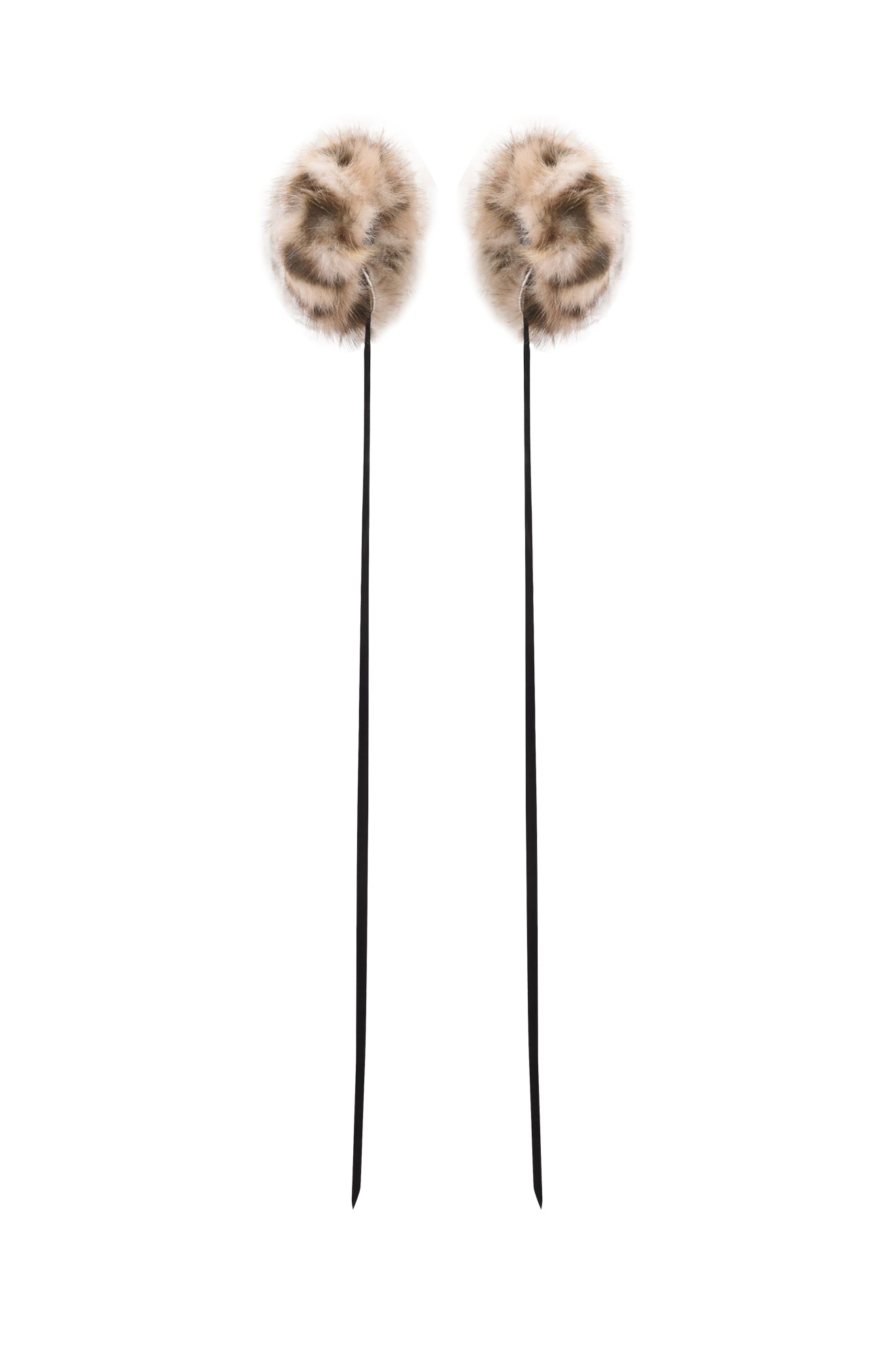 The FAWN HEADPHONE COVERS - LEOPARD by I.AM.GIA feature two fluffy, round, light brown faux fur covers with darker leopard patches, attached to long black sticks and displayed vertically on a white background.