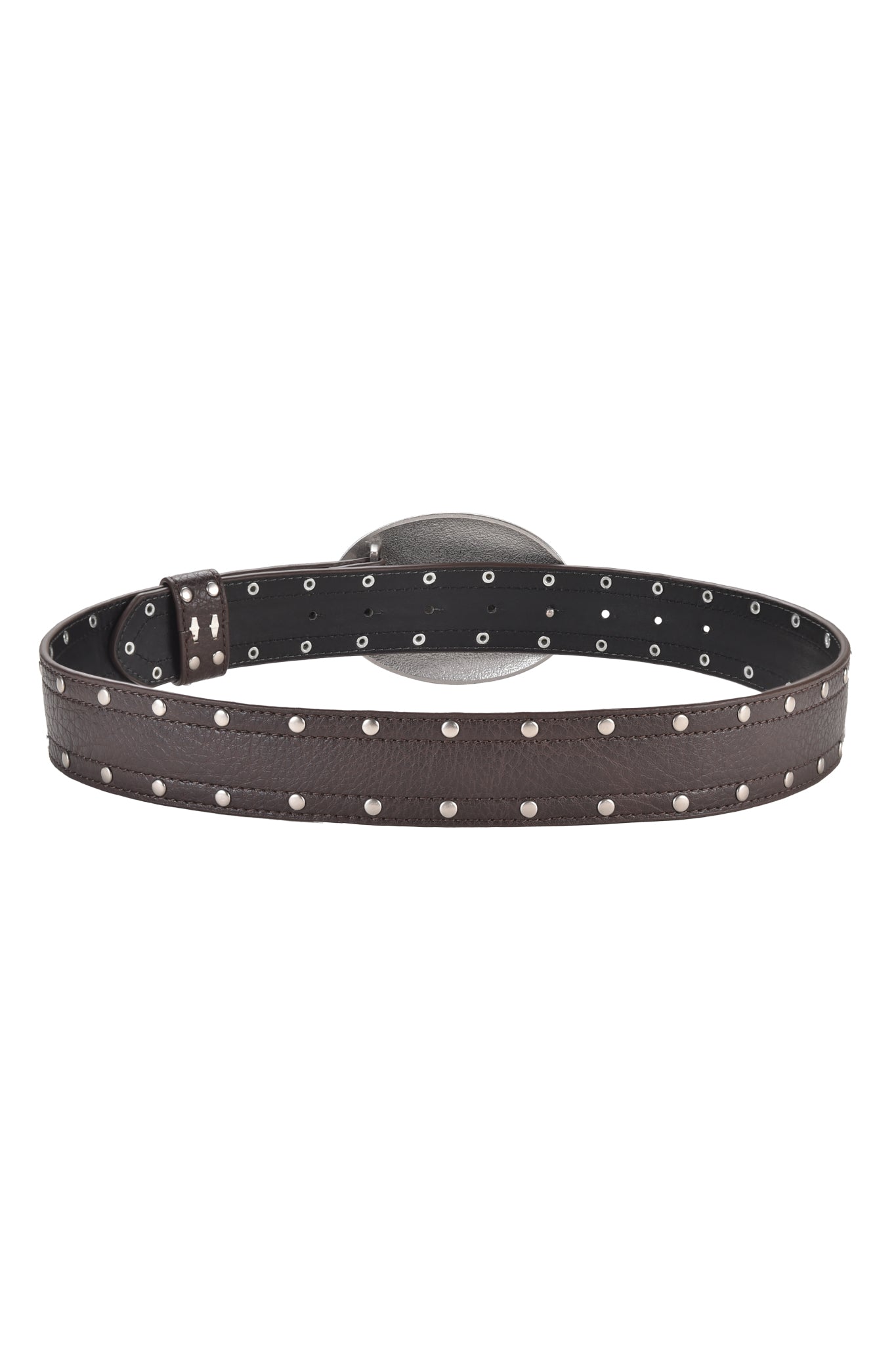 A brown faux leather belt named COLTON by I.AM.GIA, featuring a custom GIA buckle and evenly spaced brushed silver studs for a decorative, edgy touch, is coiled to reveal its inner side.