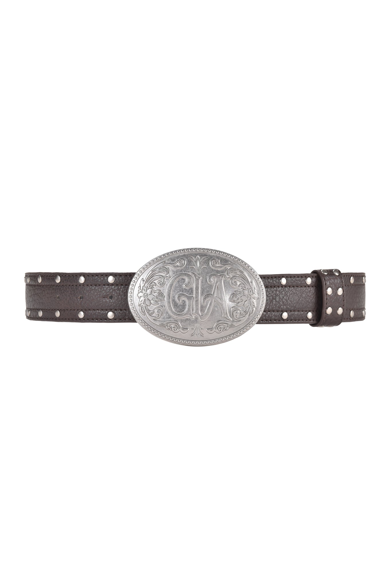 A brown Colton Belt from I.AM.GIA, featuring faux leather, silver studs, and a custom GIA buckle with an ornate brushed silver design.