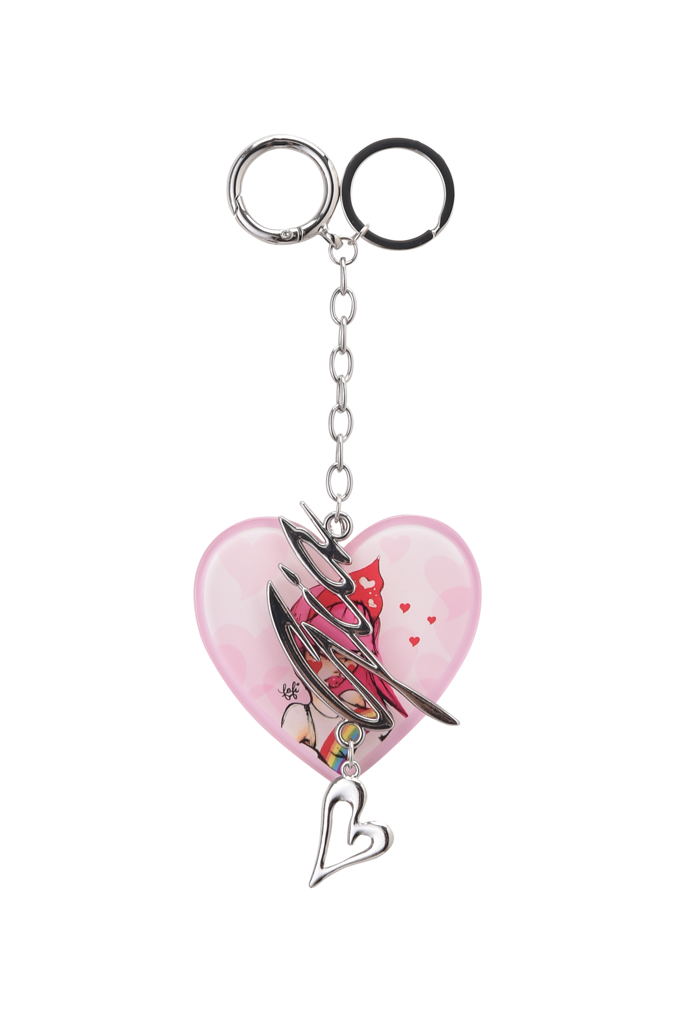 The FAFI KEYCHAIN - PINK by I.AM.GIA features two silver rings, a chain, a pink heart-shaped pendant with red and black graphics, and a dangling metallic heart charm for iconic FAFI style.