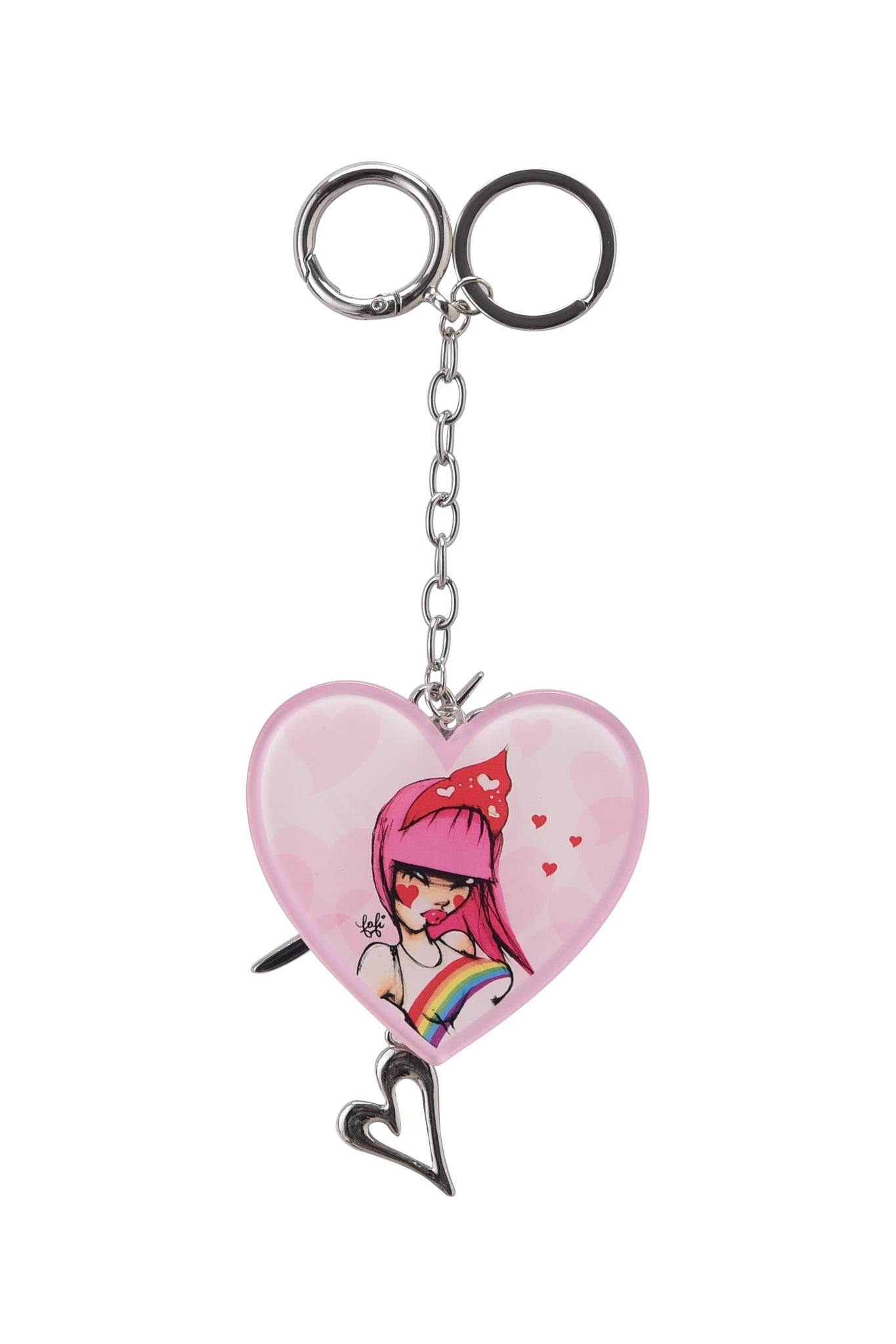 The FAFI KEYCHAIN - PINK by I.AM.GIA is a heart-shaped keychain featuring a pink-haired cartoon girl with a red bandana and rainbow shirt, surrounded by red hearts, plus a metal chain and extra heart charm for style.