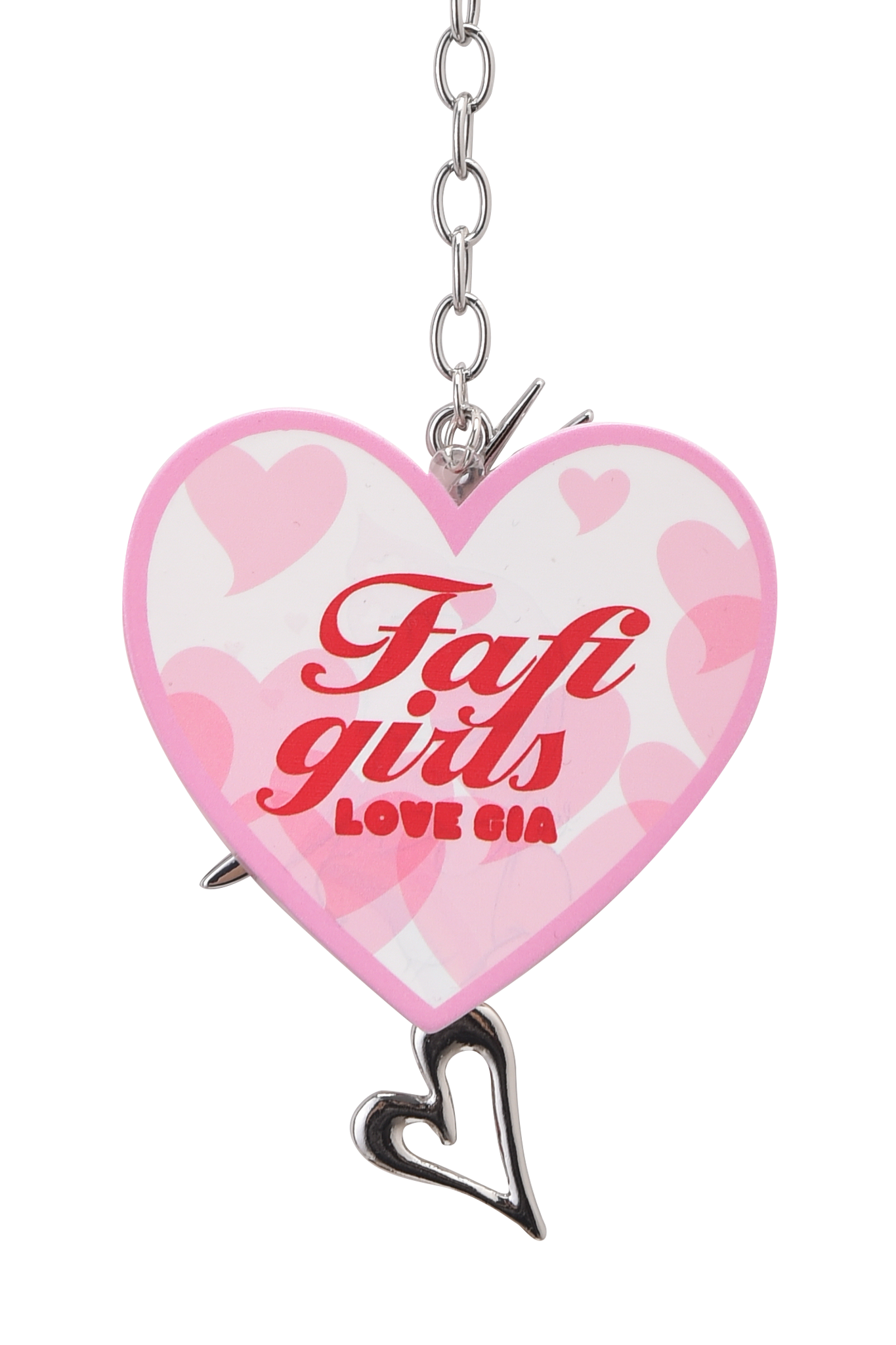The FAFI KEYCHAIN - PINK by I.AM.GIA features a heart-shaped Fafinette design with pink edges, "Fafi girls LOVE SIA" text in red and pink, and a silver metal heart charm for signature FAFI flair.