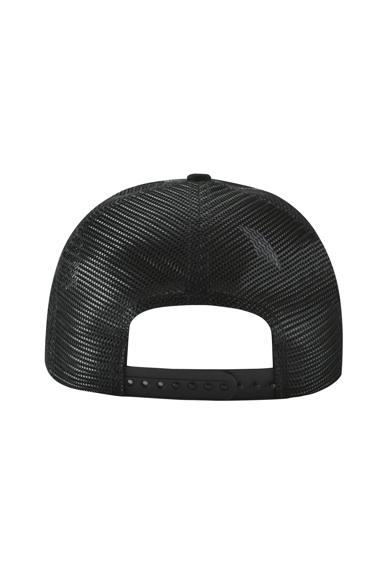 Back view of the I.AM.GIA FAFI HAT - BLACK, a distressed trucker hat with breathable mesh panels, adjustable snapback strap, and embroidered logo.