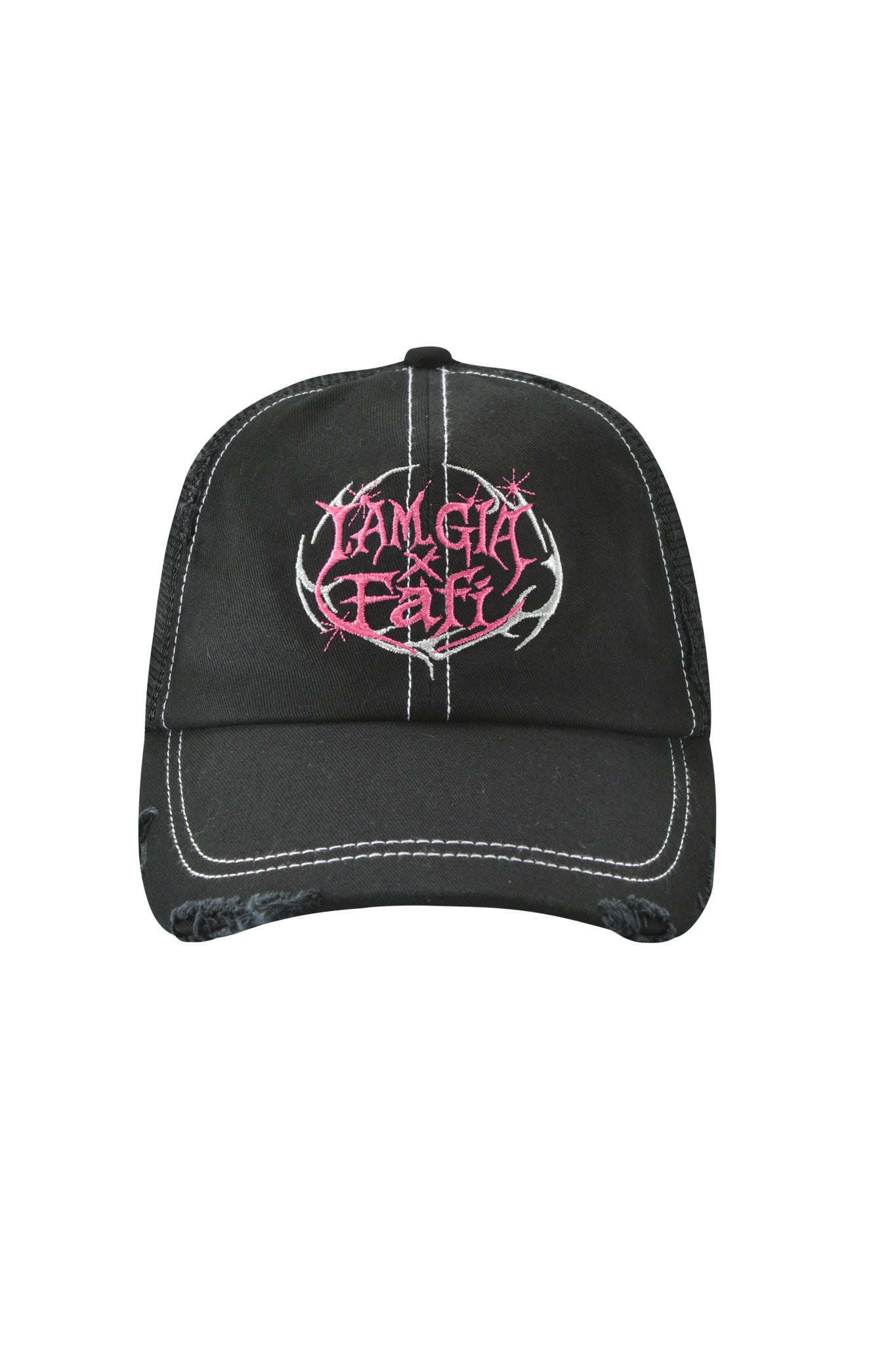 The FAFI HAT - BLACK by I.AM.GIA is a distressed black trucker hat with white stitching and a pink and white embroidered "FAMILY x FAITH" logo on the front. This exclusive design is part of the IAMGIA x FAFI collection.