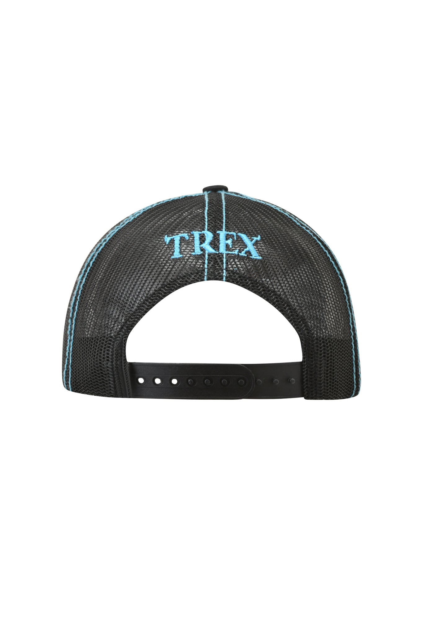 The back of the I.AM.GIA T-REX HAT in black displays light blue stitching and “T-REX” embroidered in blue above the adjustable snap closure, highlighted by exclusive I.AM.GIA artwork for a distinctive finish.