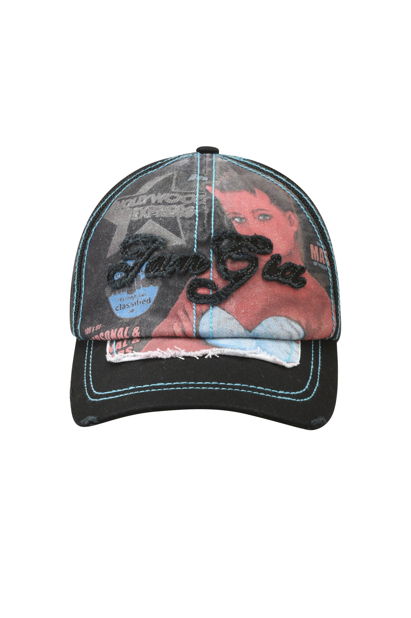 The T-REX HAT - BLACK by I.AM.GIA is a distressed black trucker hat accented with blue stitching and exclusive printed artwork featuring a woman and magazine-inspired graphics. “AngGia” is embroidered across the front, and the hat includes an adjustable snap closure for a comfortable fit.
