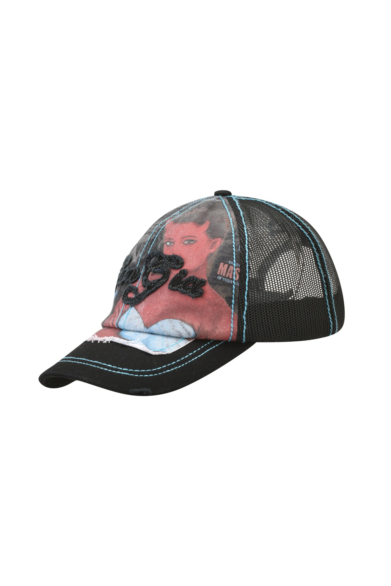 Introducing the T-REX HAT - BLACK by I.AM.GIA: This distressed black mesh trucker hat features bold blue stitching and exclusive I.AM.GIA artwork of a woman with red skin and dark hair on the front panel. Additional white and black text accents add detail, while an adjustable snap closure ensures a custom fit.