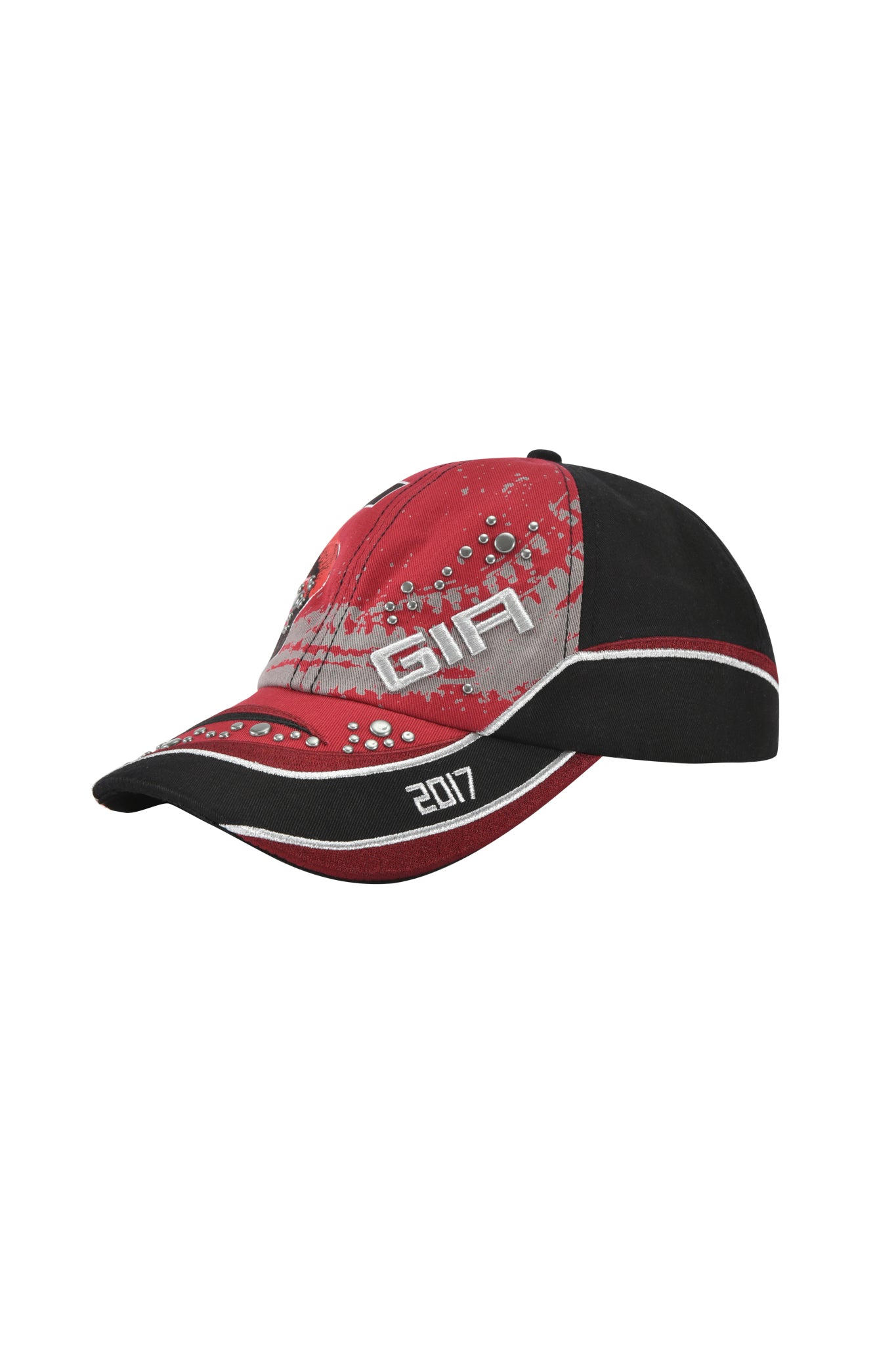 The SERENA HAT - RED by I.AM.GIA is a red, black, and gray cotton twill racing cap with white accents, "GIFA" on the side, "2017" on the brim, splatter graphics, metallic studs, and an adjustable strap back for a custom fit.