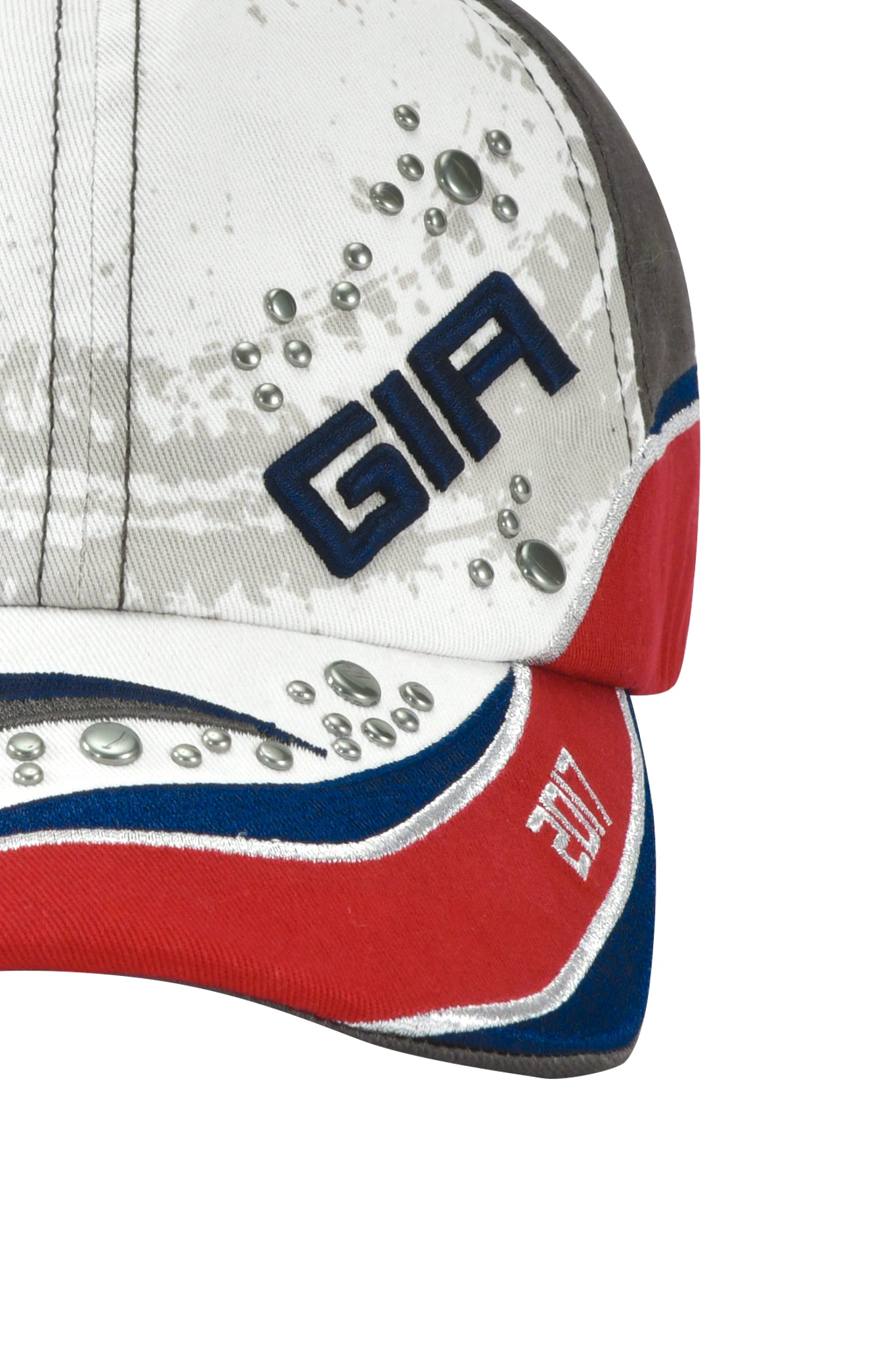 A close-up of two overlapping I.AM.GIA caps: the SERENA HAT in white with "GIA" in blue and a red, racing-inspired cap with "3117" in white, both featuring water droplet patterns and adjustable strap backs for a custom fit.