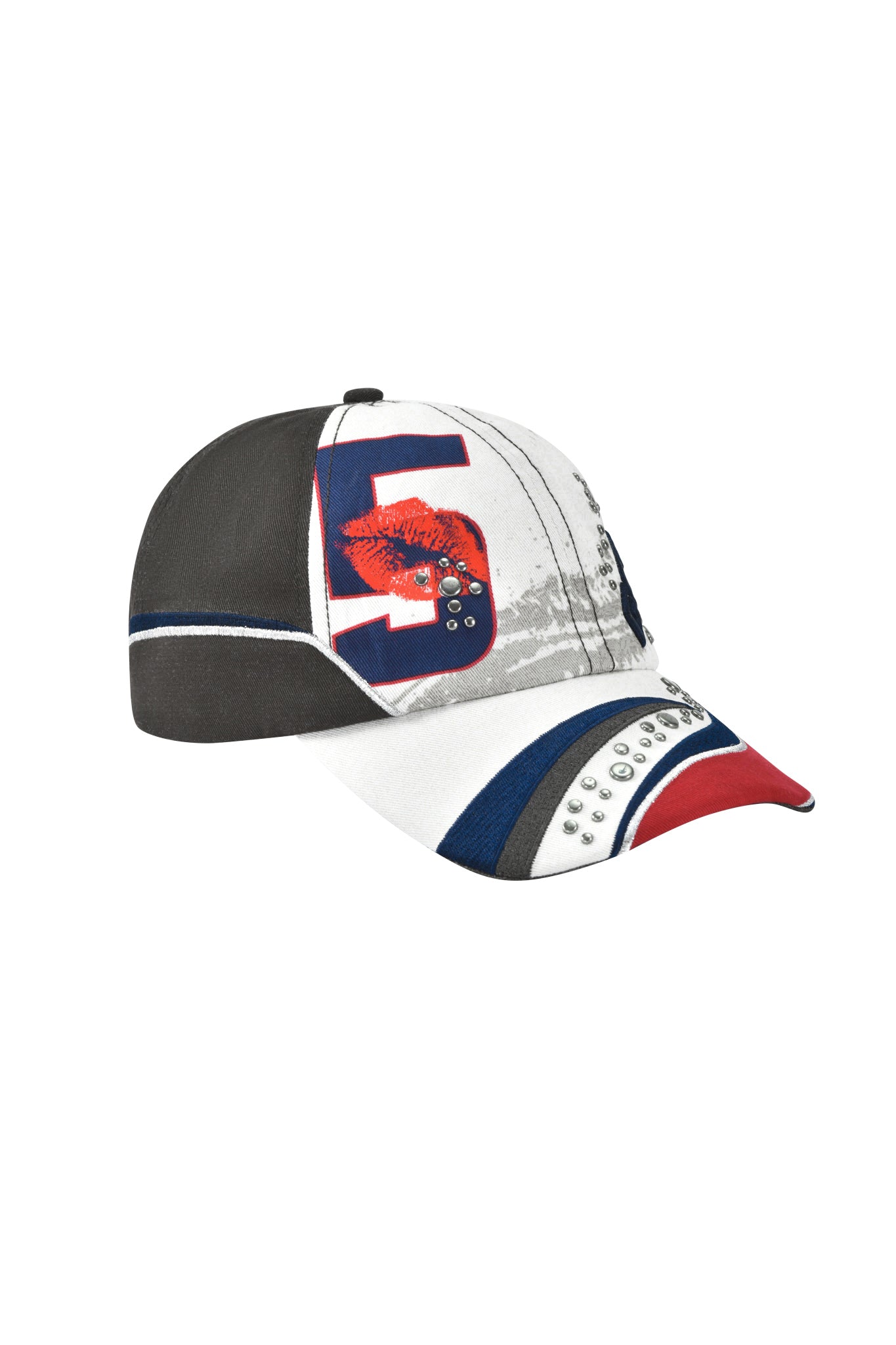 The I.AM.GIA SERENA HAT - WHITE is a racing-inspired cap with black, white, red, and blue panels, a bold red number 5, red lip print, silver studs on the front and brim, plus an adjustable strap back for comfort.