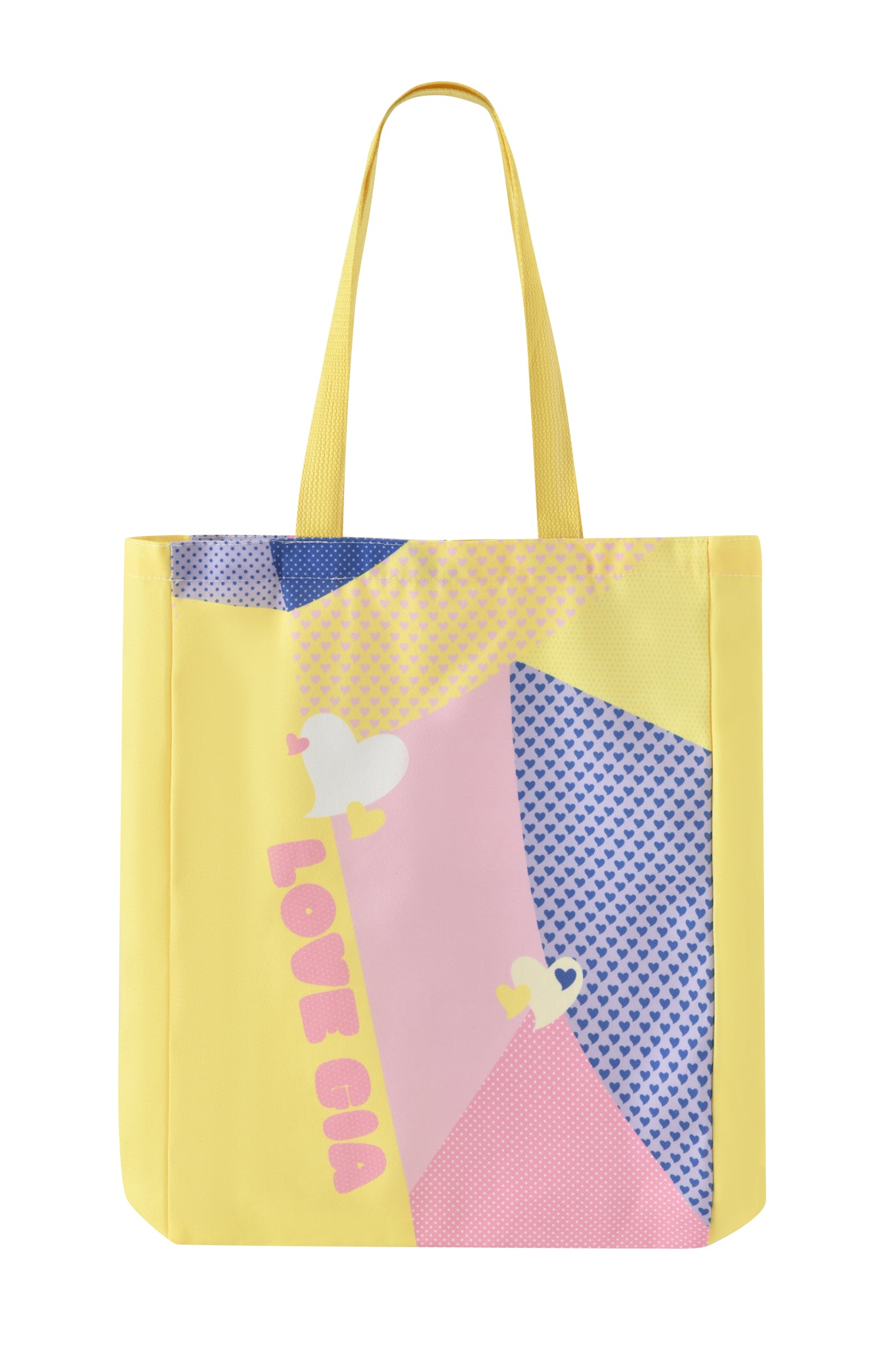 The FAFI TOTE BAG - YELLOW by I.AM.GIA features pink, blue, and yellow geometric patterns, heart shapes, and "LOVE CIA" printed vertically—ideal for Fafinettes fans and those who love bold style.