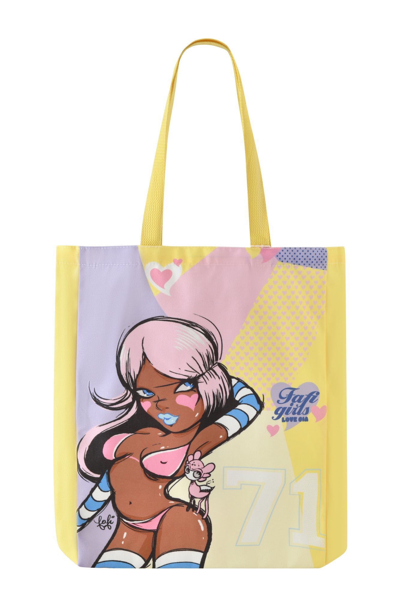 The I.AM.GIA FAFI TOTE BAG - YELLOW showcases a cartoon character with light purple hair, blue and white stockings, a pink heart on her cheek, and a teddy bear against a pastel geometric background—classic Fafinettes charm.