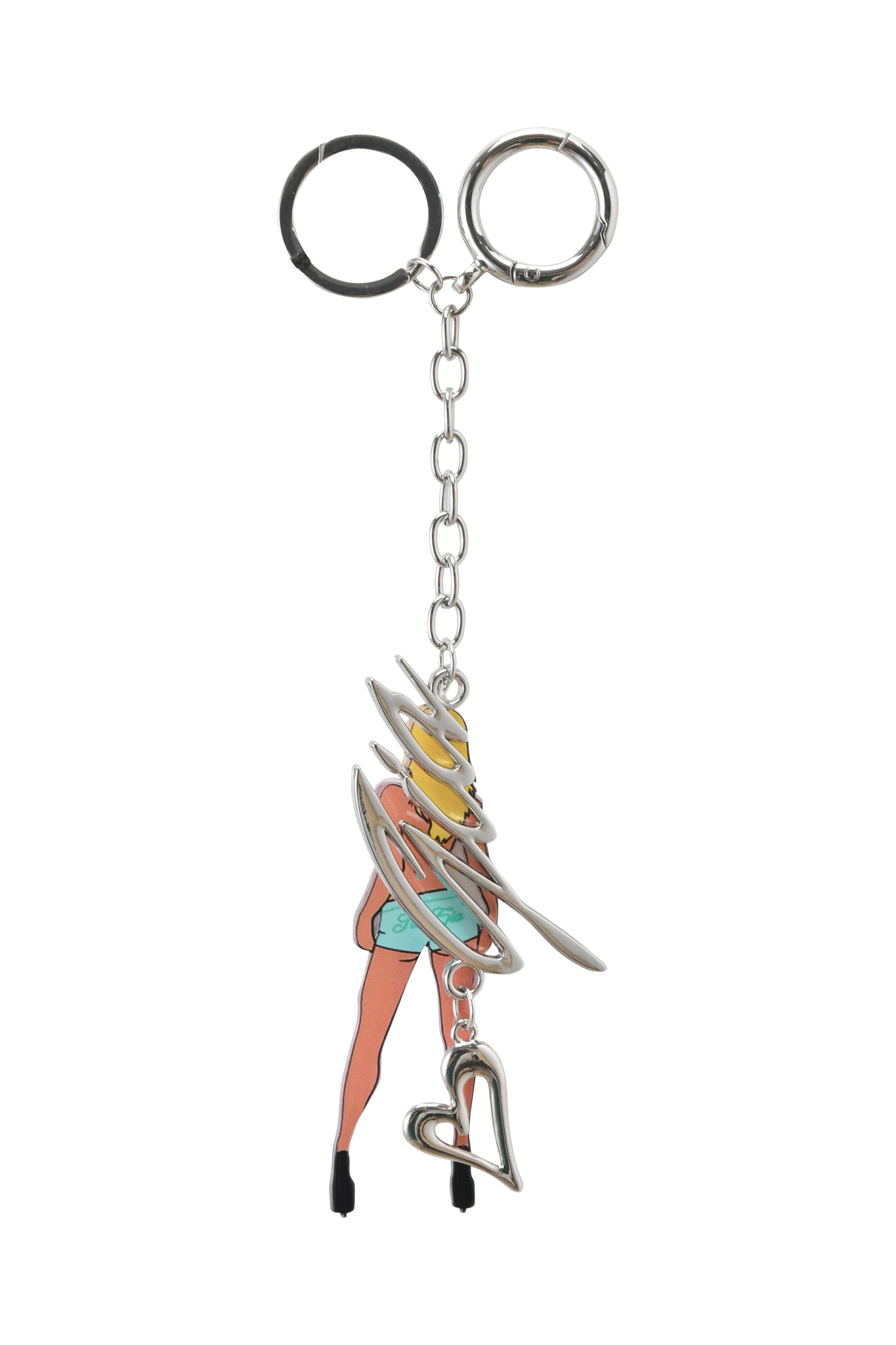 The I.AM.GIA BLARE KEYCHAIN - BLONDE features a stylized woman in a teal dress and black heels, with unique o-ring hardware spiraling around her and a dangling heart-shaped charm.