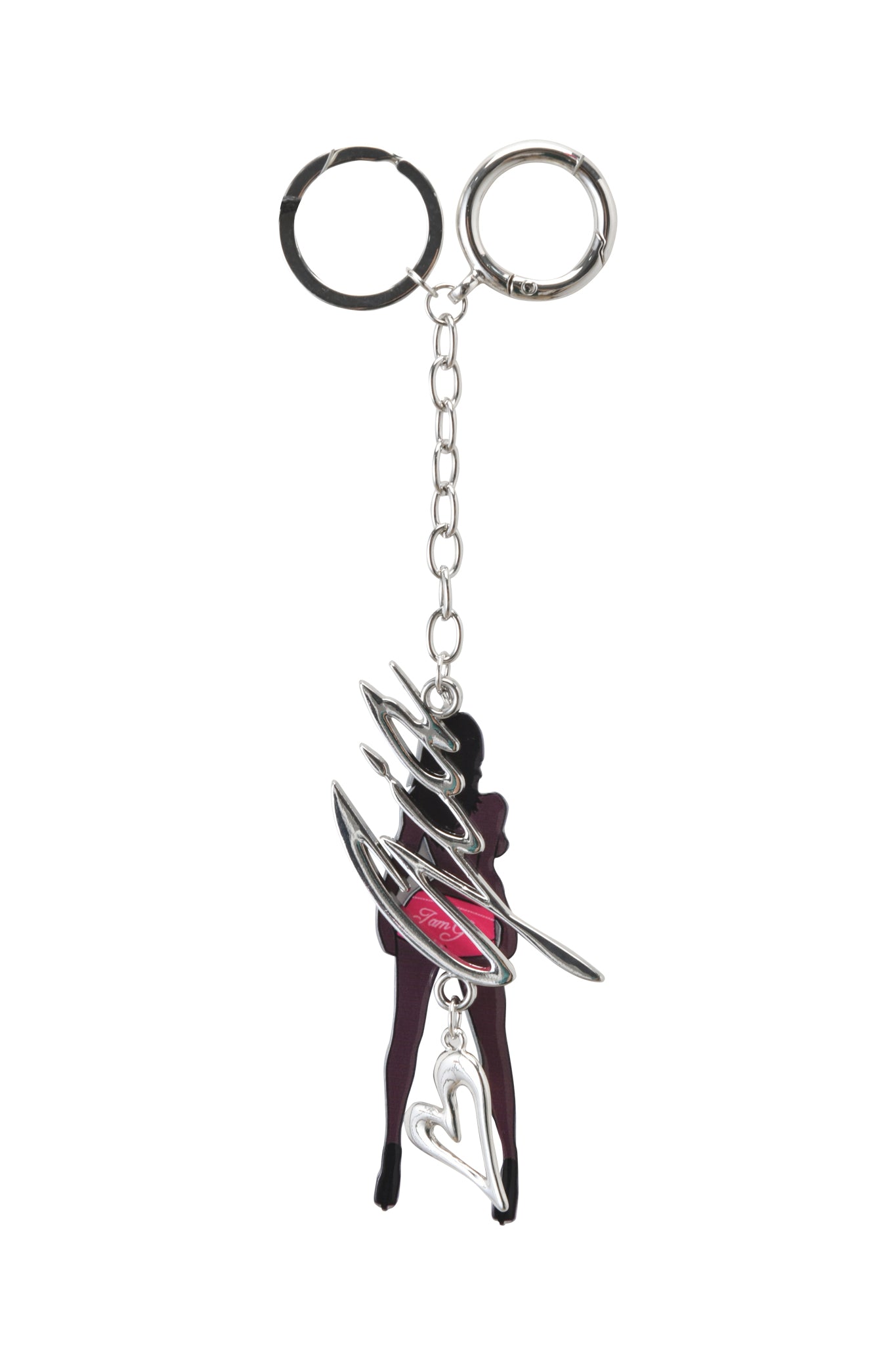 The BLARE KEYCHAIN - BRUNETTE by I.AM.GIA features a black silhouette of a woman, a red oval with cursive text, abstract silver accents, and a custom silver heart charm—all on a sturdy iron keychain with metal keyring.