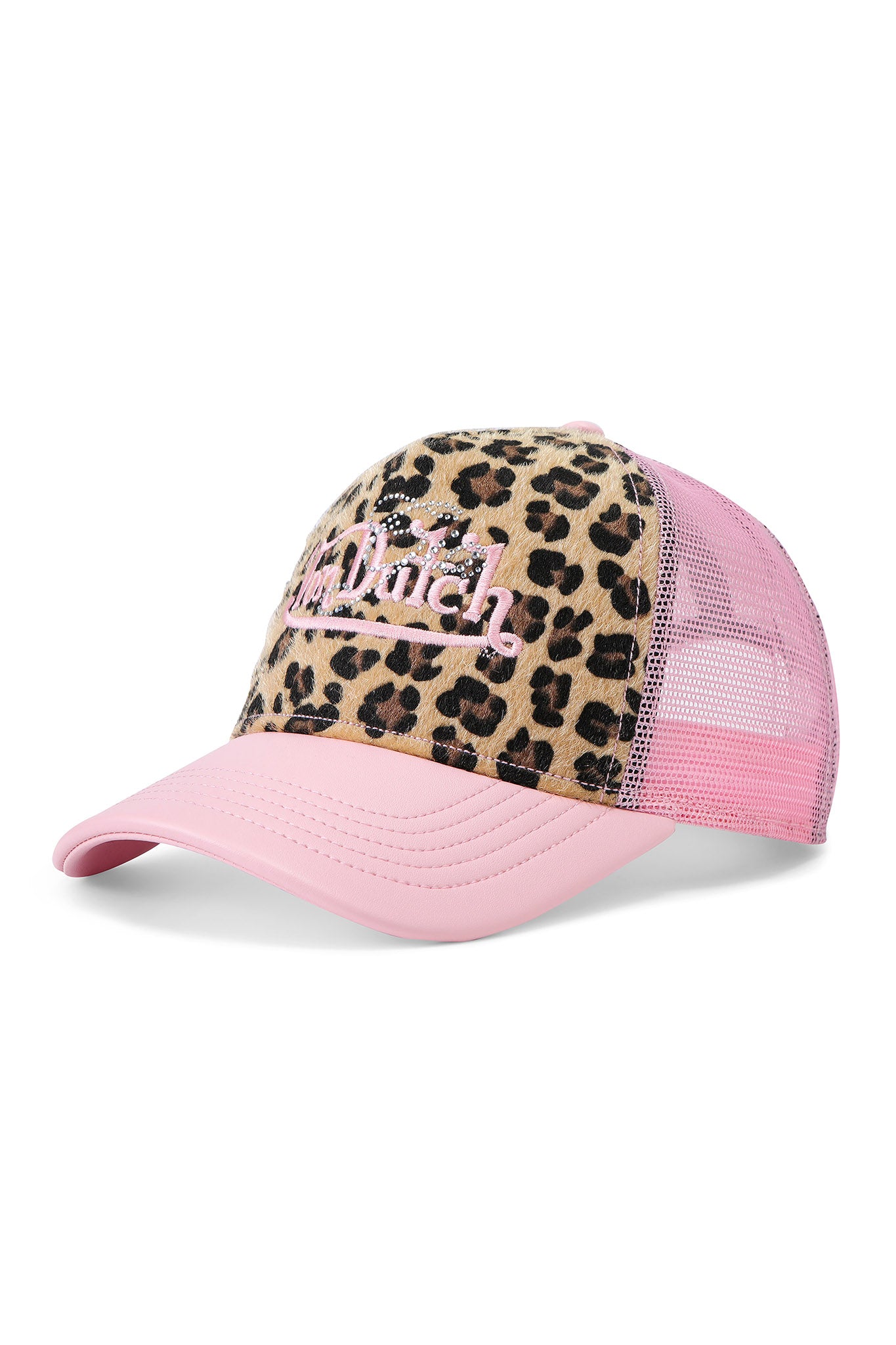 The I.AM.GIA X VON DUTCH TRUCKER HAT - LEOPARD features a light pink bill, mesh back, leopard front panel, and "Von Dutch" embroidered in pink with rhinestone accents.