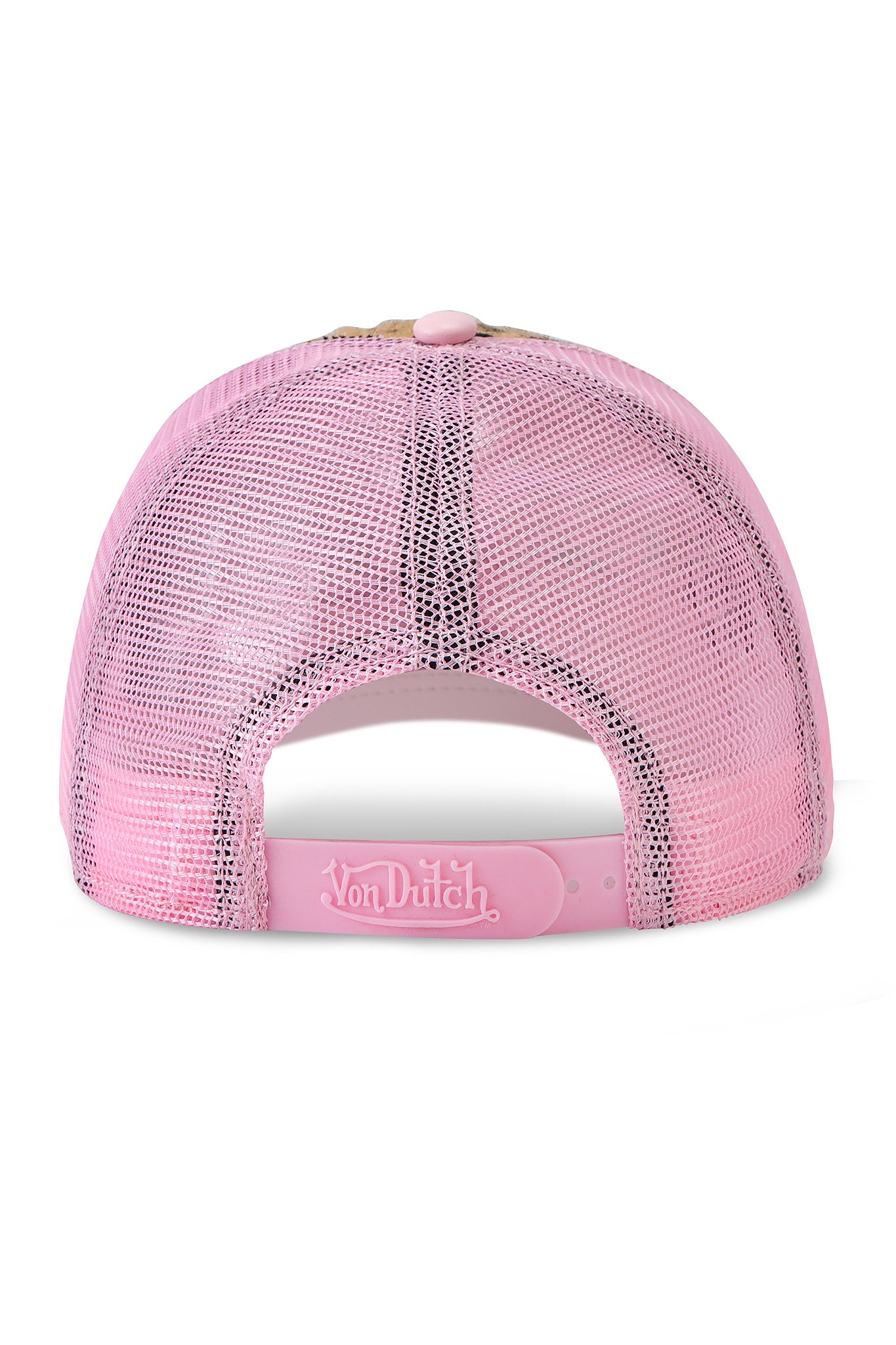 Back view of the I.AM.GIA X VON DUTCH TRUCKER HAT - LEOPARD, featuring pink mesh, an adjustable strap, and the iconic "Von Dutch" logo, highlighting the classic trucker style by I.AM.GIA.