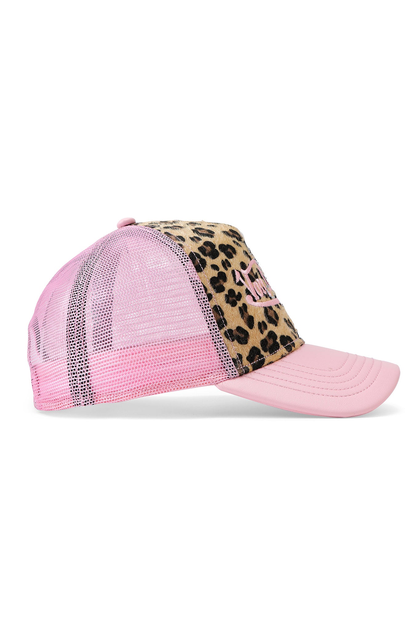 The I.AM.GIA X VON DUTCH TRUCKER HAT - LEOPARD features pink mesh side panels, a curved brim, and a brown and black leopard print front panel with embroidered text for a stylish look.