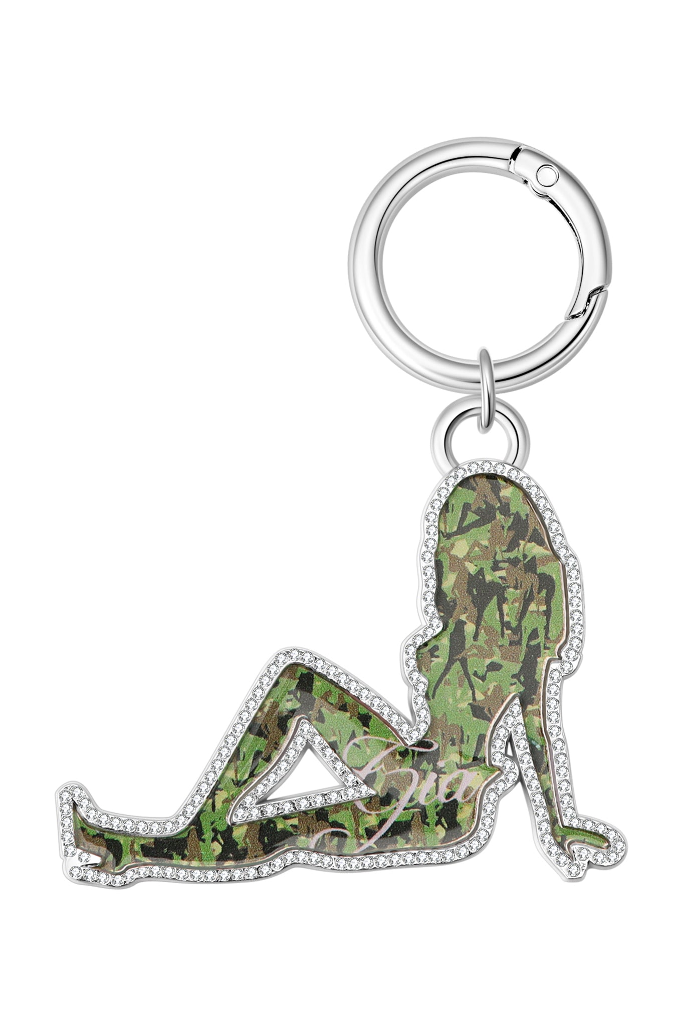 The I.AM.GIA X VON DUTCH GIRL KEYCHAIN - GIA GIRL CAMO PINK features a metal outline of a woman with pink camouflage and rhinestone border, plus a round silver keyring for Y2K-inspired style.