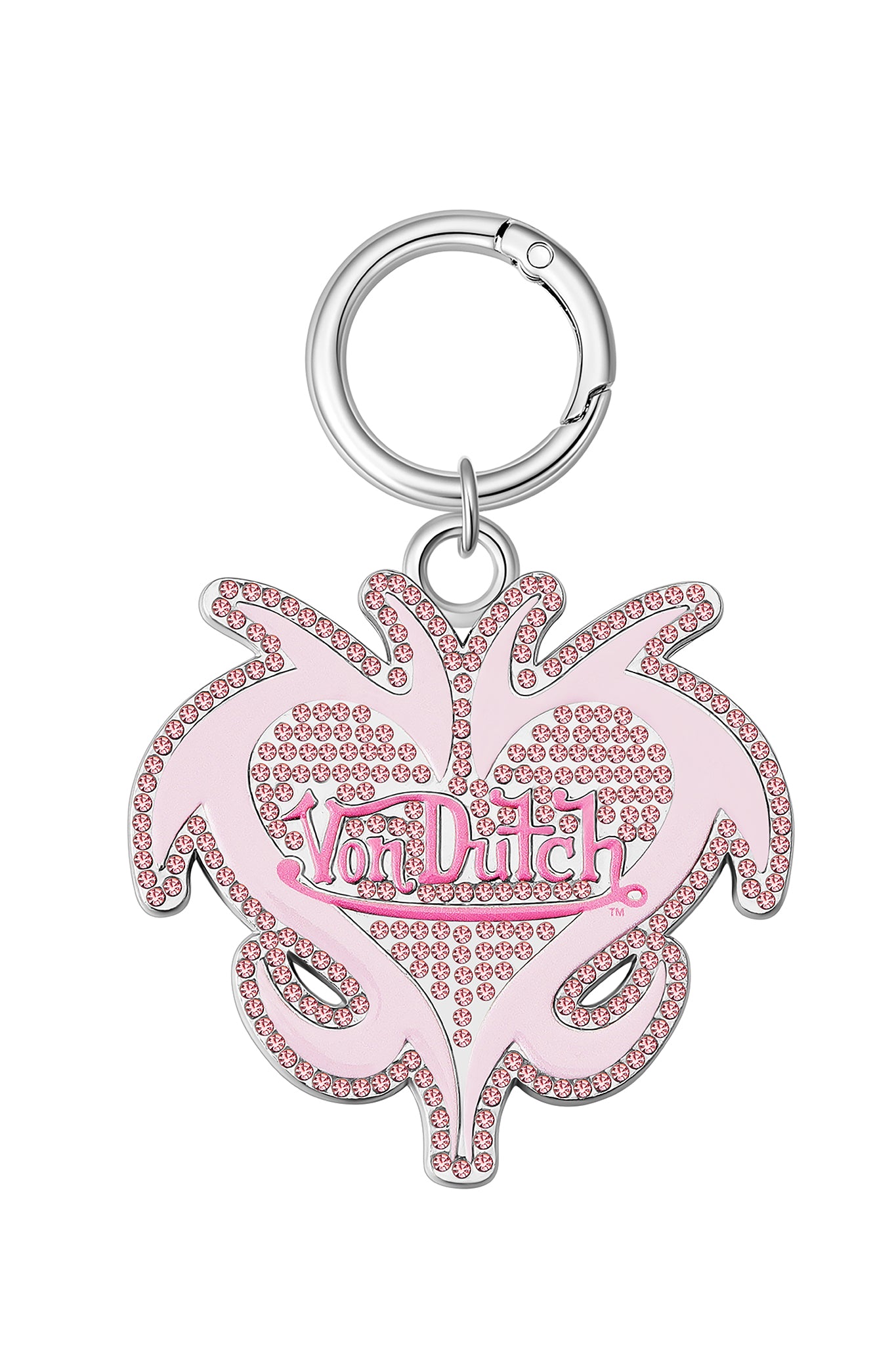 The I.AM.GIA X Von Dutch Logo Keychain in pink features a silver logo and comes with a silver keyring, making it a stylish Y2K accessory from the I.AM.GIA brand.