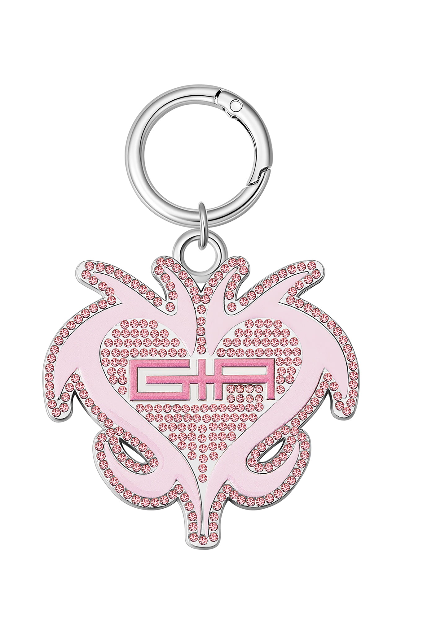 The I.AM.GIA X Von Dutch Logo Keychain features a pink heart charm with sparkling rhinestones and a silver logo, inspired by Y2K style, all attached to a simple silver keyring.