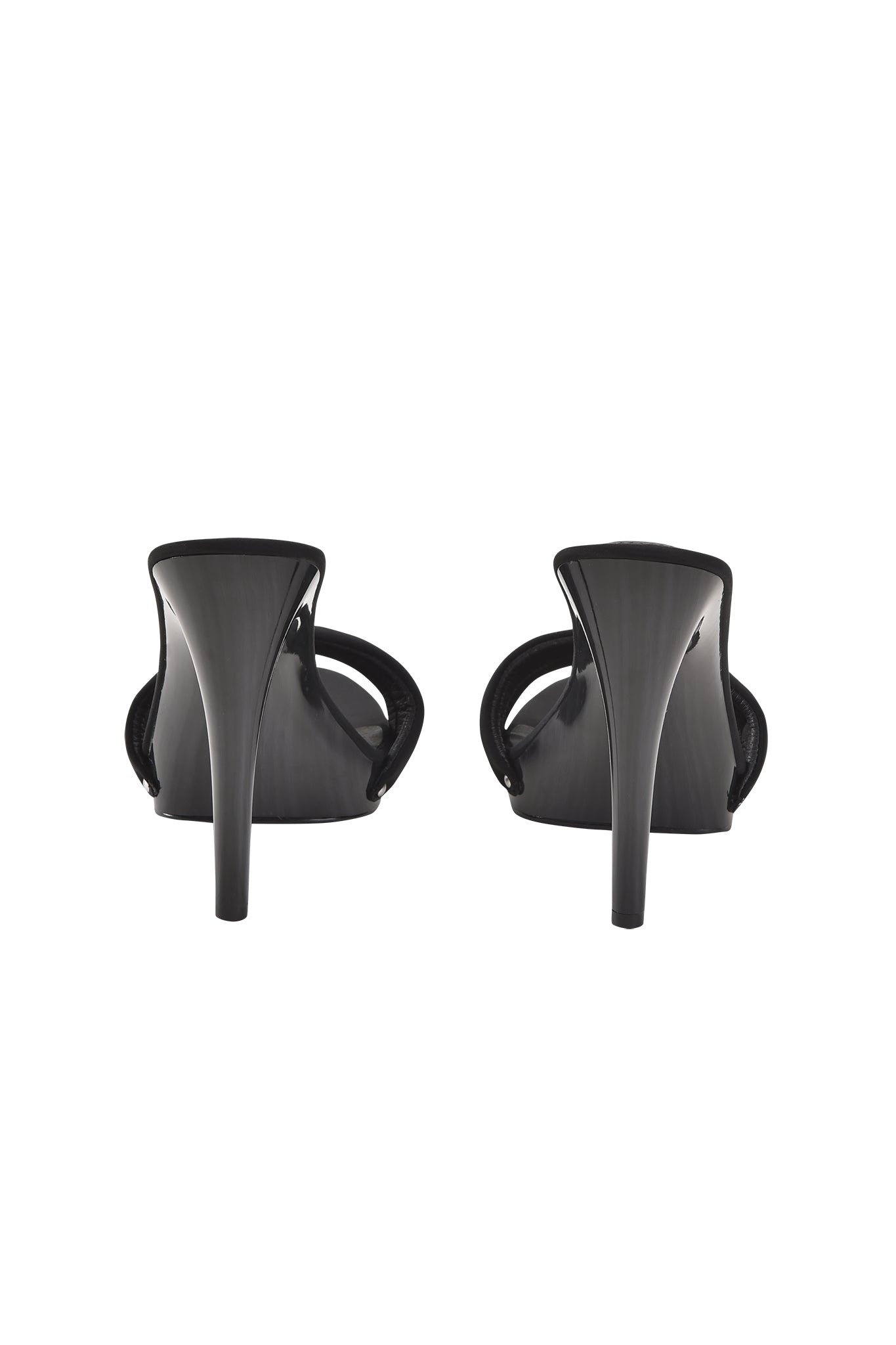 A rear view of the I.AM.GIA NICKY HEEL in black neoprene, featuring pointed toes and padded vamp straps, placed side by side on a white background.