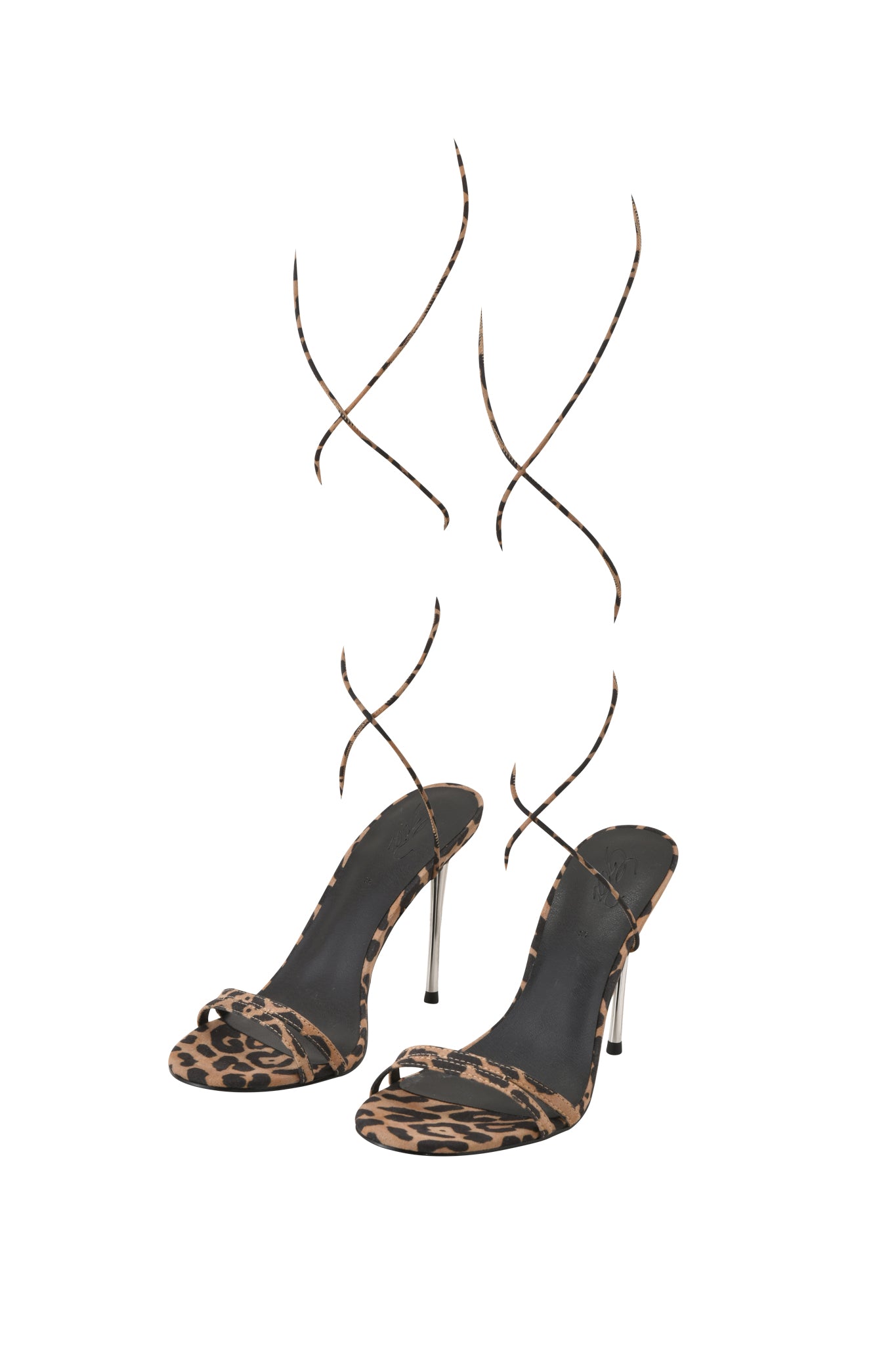 The SCARLETTE HEEL - LEOPARD by I.AM.GIA features thin, strappy stiletto details that elegantly wrap around the ankles, showcased against a white background.