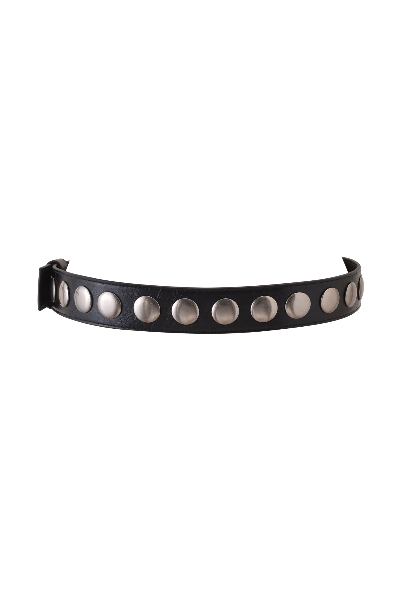 The IRINIE STUDDED BELT - BLACK by I.AM.GIA features large, round silver studs and an adjustable buckle on sleek faux leather, shown against a white background.