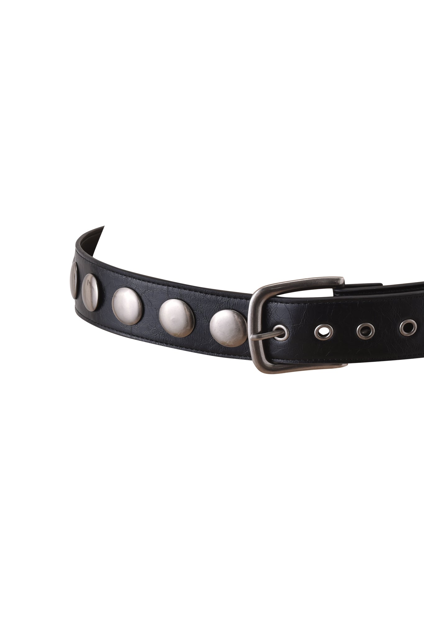 The IRINIE STUDDED BELT - BLACK by I.AM.GIA features large round silver studs, an adjustable buckle, and faux leather construction, shown against a white background.