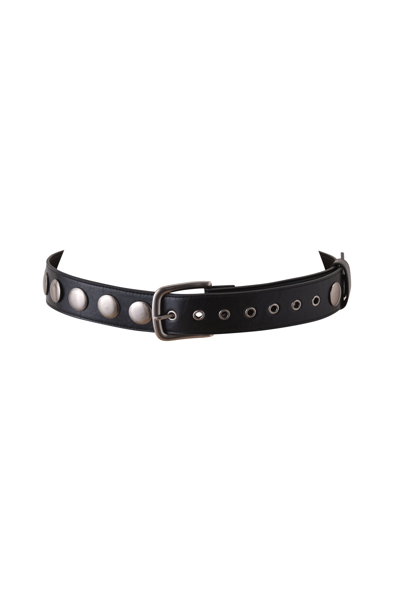 The IRINIE STUDDED BELT by I.AM.GIA is a black faux leather belt with an adjustable buckle, featuring large round silver studs and small metal eyelets, shown on a white background.