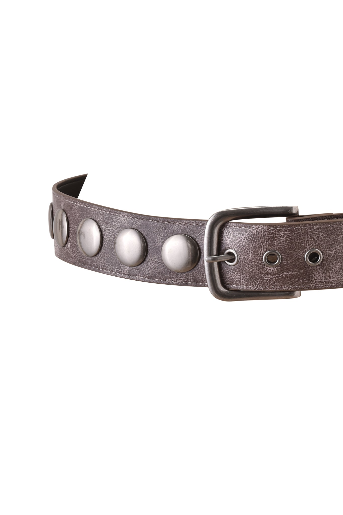 The IRINIE STUDDED BELT - MUSHROOM by I.AM.GIA features large silver studs and a metal buckle, shown against a white background.