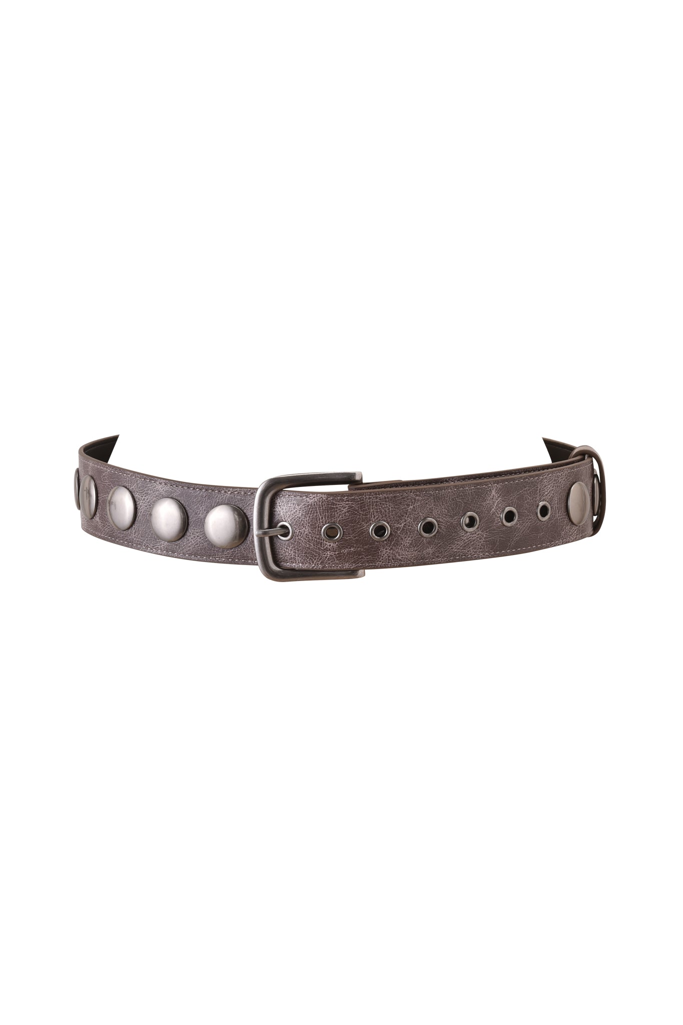 The IRINIE STUDDED BELT - MUSHROOM by I.AM.GIA features silver studs, metal eyelets, and a metallic adjustable buckle, displayed on a white background.