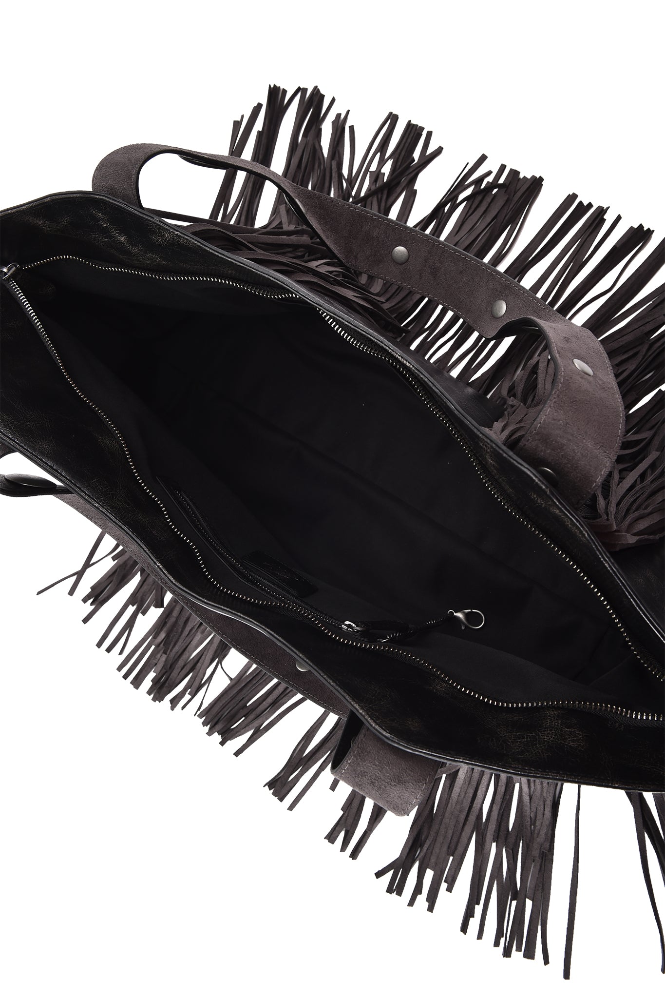 Top-down view of the I.AM.GIA CHROMA FRINGE BAG - BLACK, an oversized faux leather tote with long distressed black fringe, a spacious black interior, zippered pocket, and silver zipper hardware.