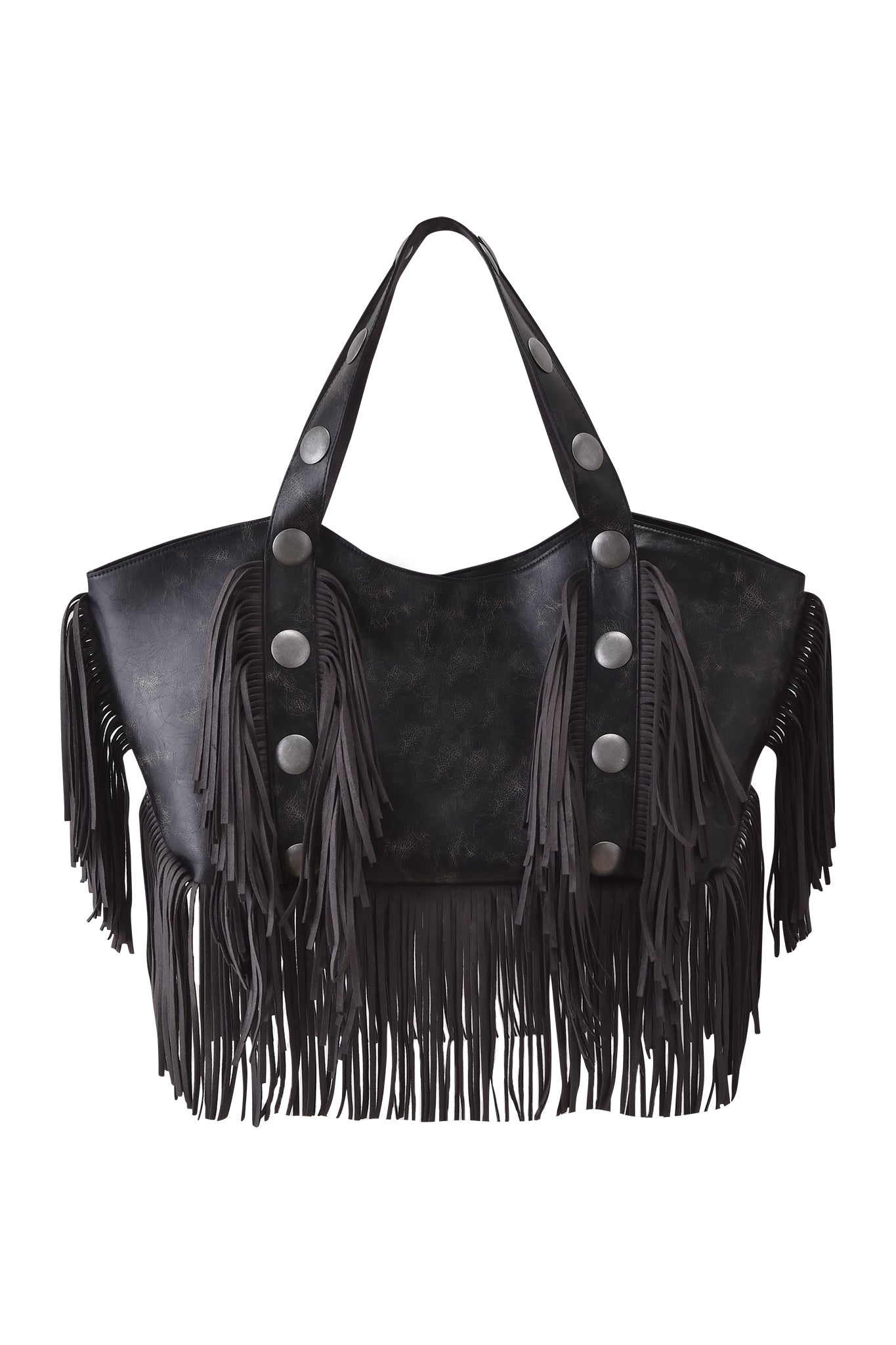 The I.AM.GIA CHROMA FRINGE BAG - BLACK is a large faux leather bag with long side and bottom fringes, wide handles, and bold silver stud accents.