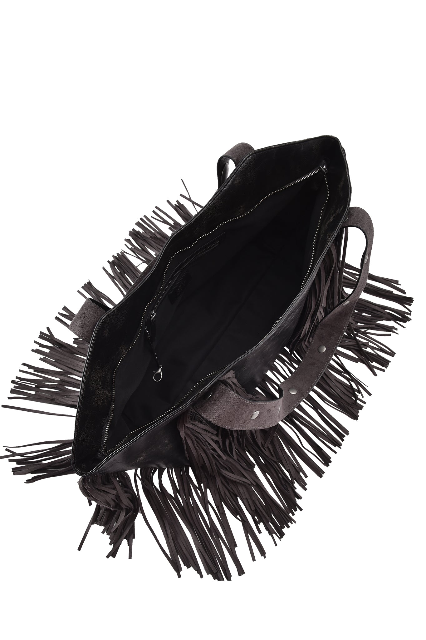 The I.AM.GIA CHROMA FRINGE BAG - BLACK is an oversized faux leather tote with long side fringe, dual handles, an open top for easy access, a roomy interior, and an inner zip pocket.