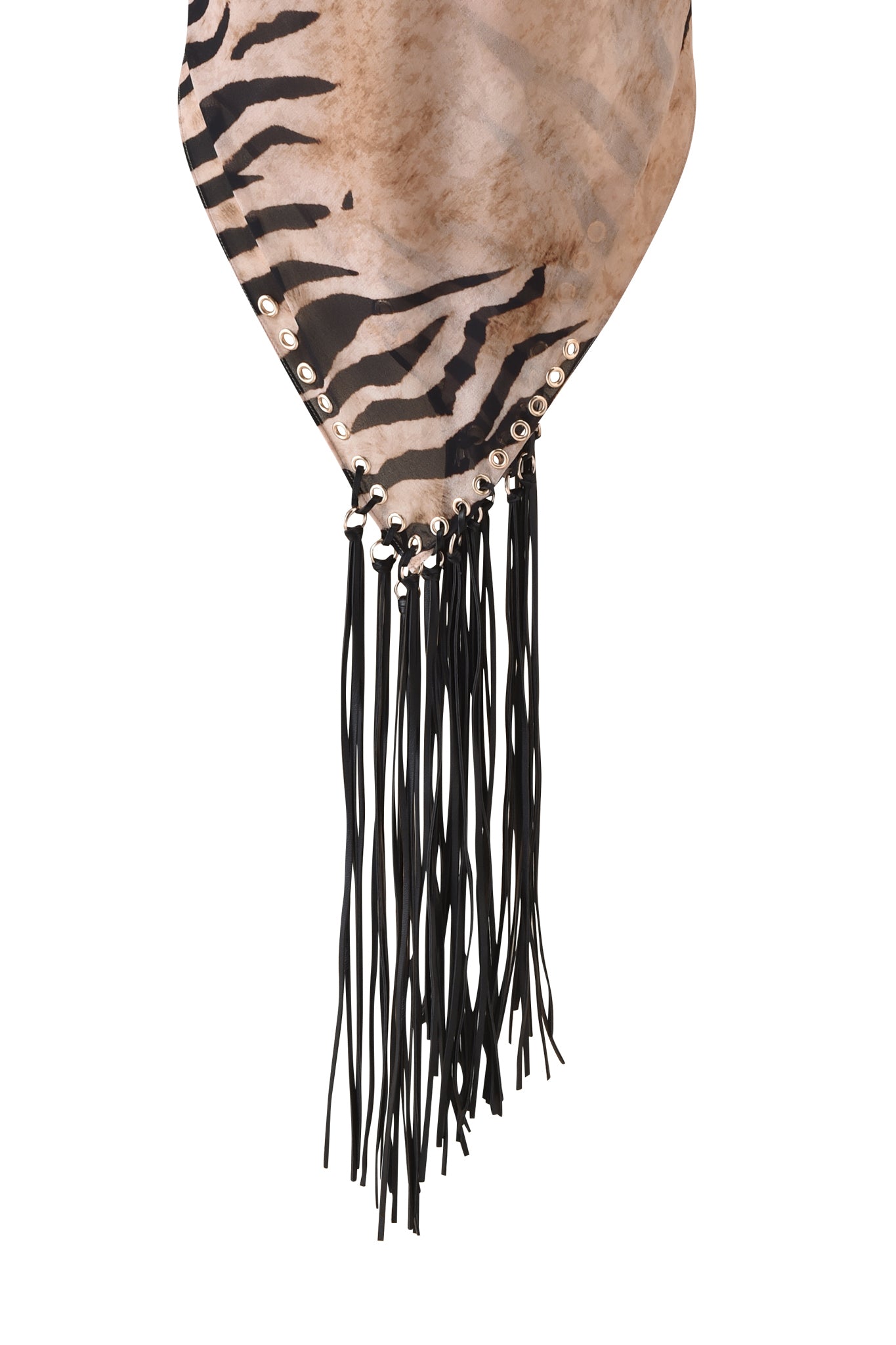 The ALLUNA MULTI-WEAR TASSEL SCARF - WILD SIDE by I.AM.GIA showcases a tiger stripe animal print, silver eyelets, and long vegan suede tassels along the edge.