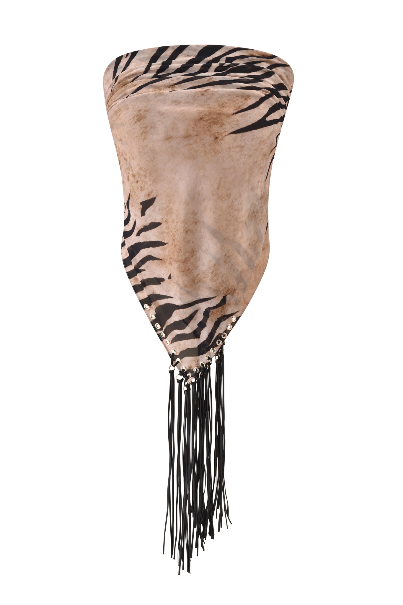 The I.AM.GIA ALLUNA MULTI-WEAR TASSEL SCARF - WILD SIDE features a beige and black zebra print, pointed hem, vegan suede tassels, and metal grommet accents along the edge.