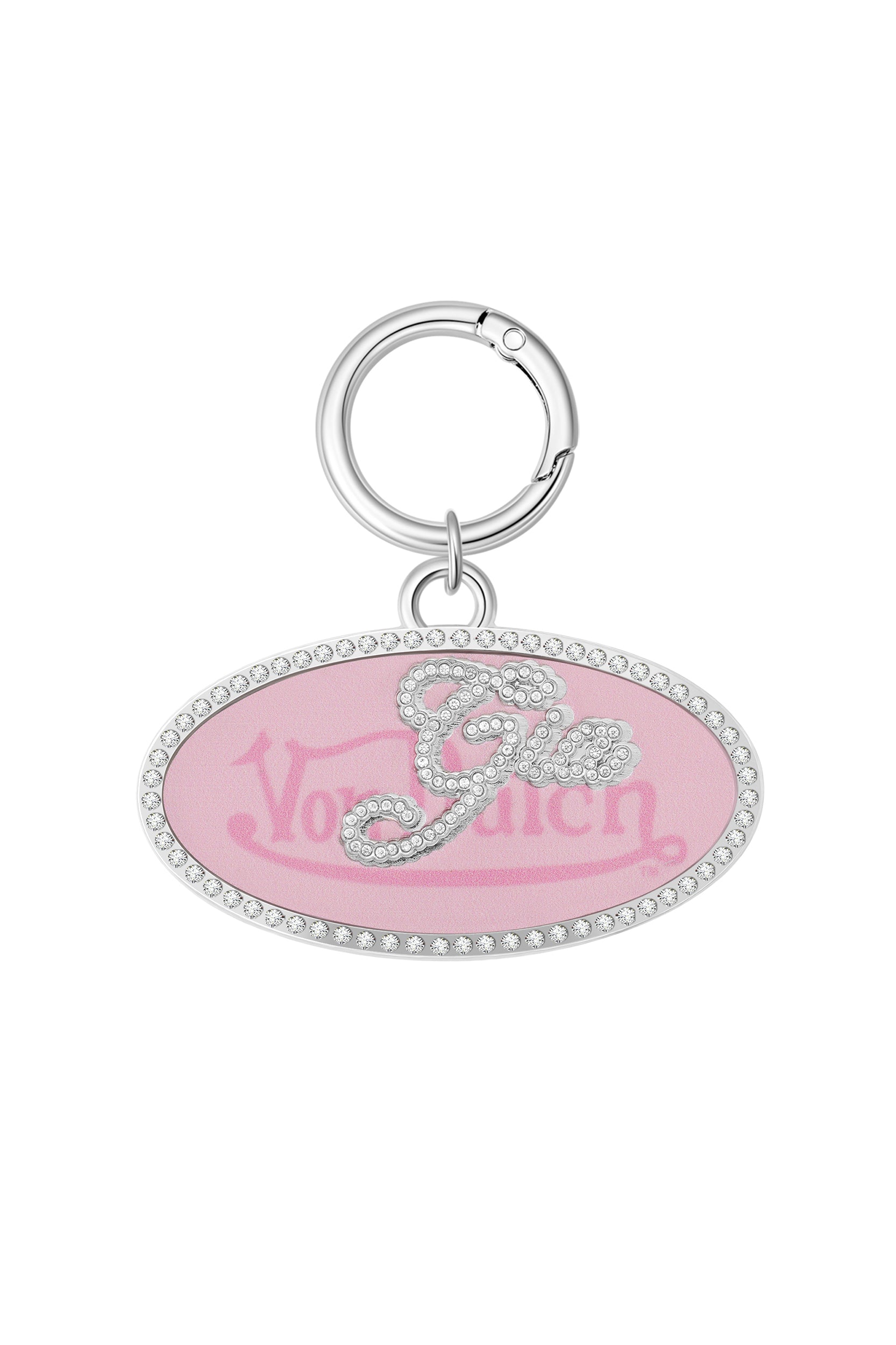 The I.AM.GIA X Von Dutch Gia Girl Camo Pink Oval Keychain features a pink oval design, silver key ring, rhinestone "Go" over a subtle Von Dutch logo—an exclusive piece for fans of this iconic collaboration.