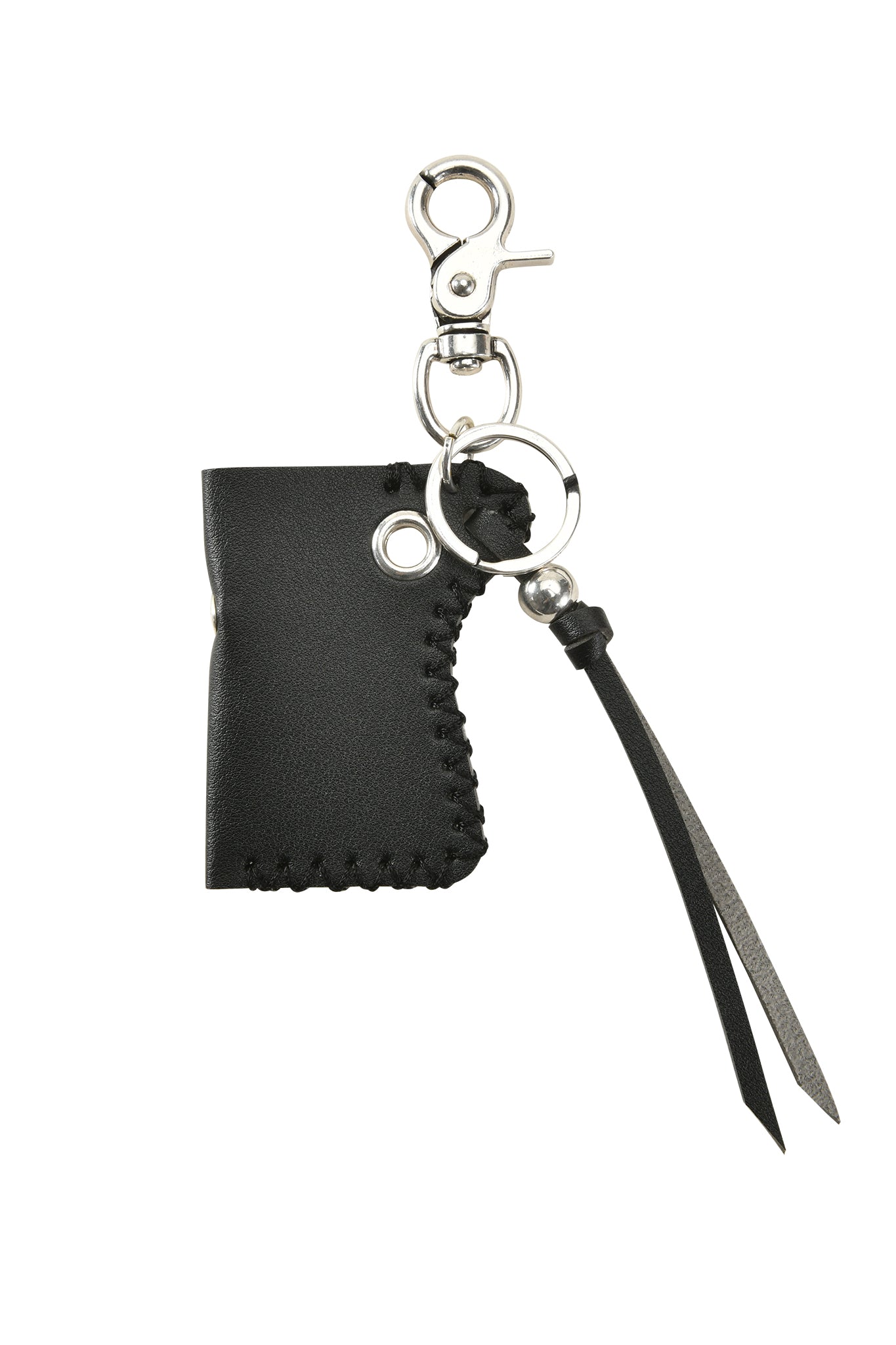 The VENUS LIGHTER KEYCHAIN - BLACK by I.AM.GIA features black leather with hand-stitched edges, a silver clasp, circular key ring, two leather tassels, and a subtle GIA logo for a sophisticated touch.