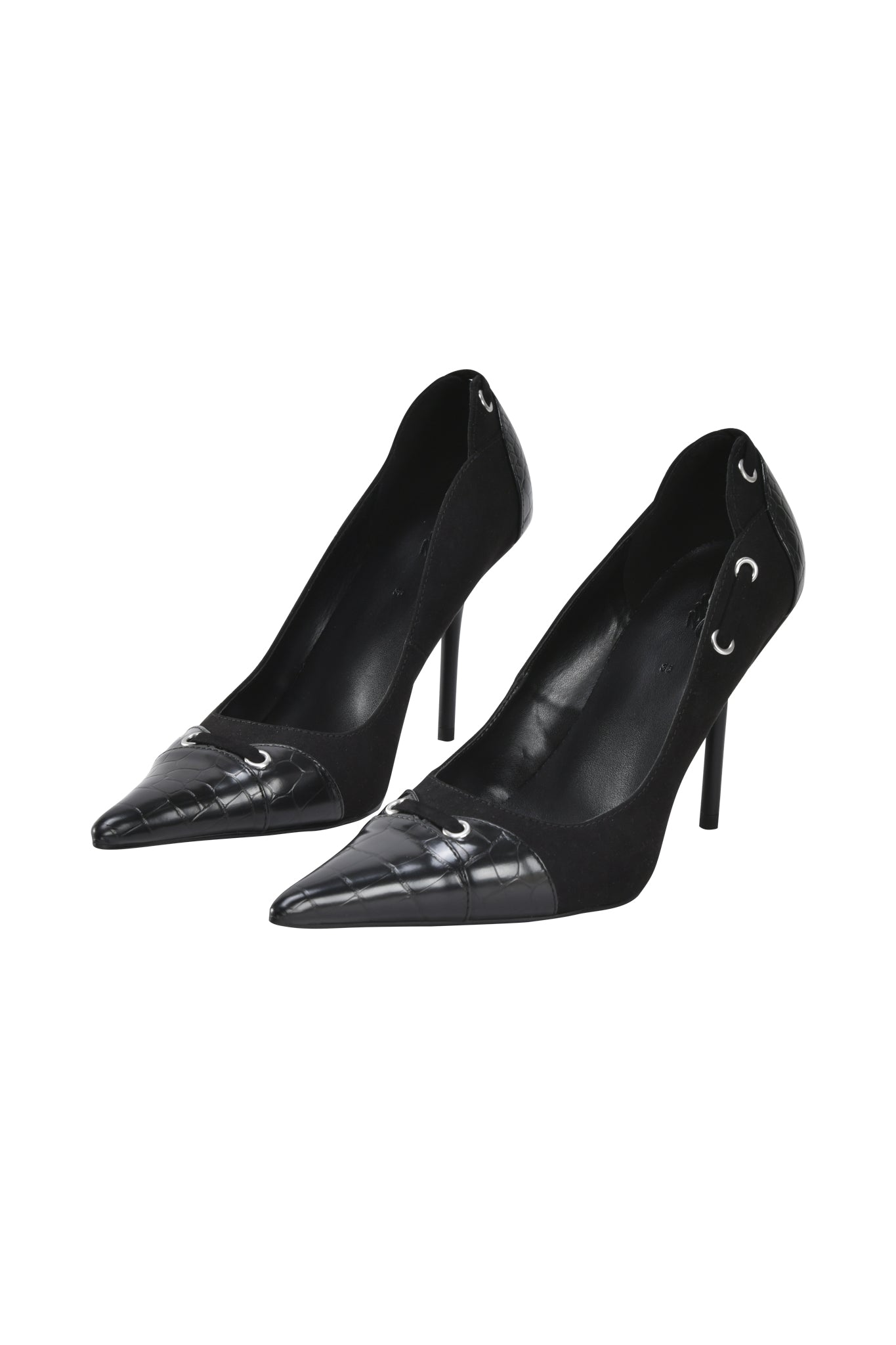The ANASTASIA PUMP - BLACK CROC by I.AM.GIA features a black faux crocodile finish, pointed toe, glossy cap, and eye-catching silver grommet and braided side details.