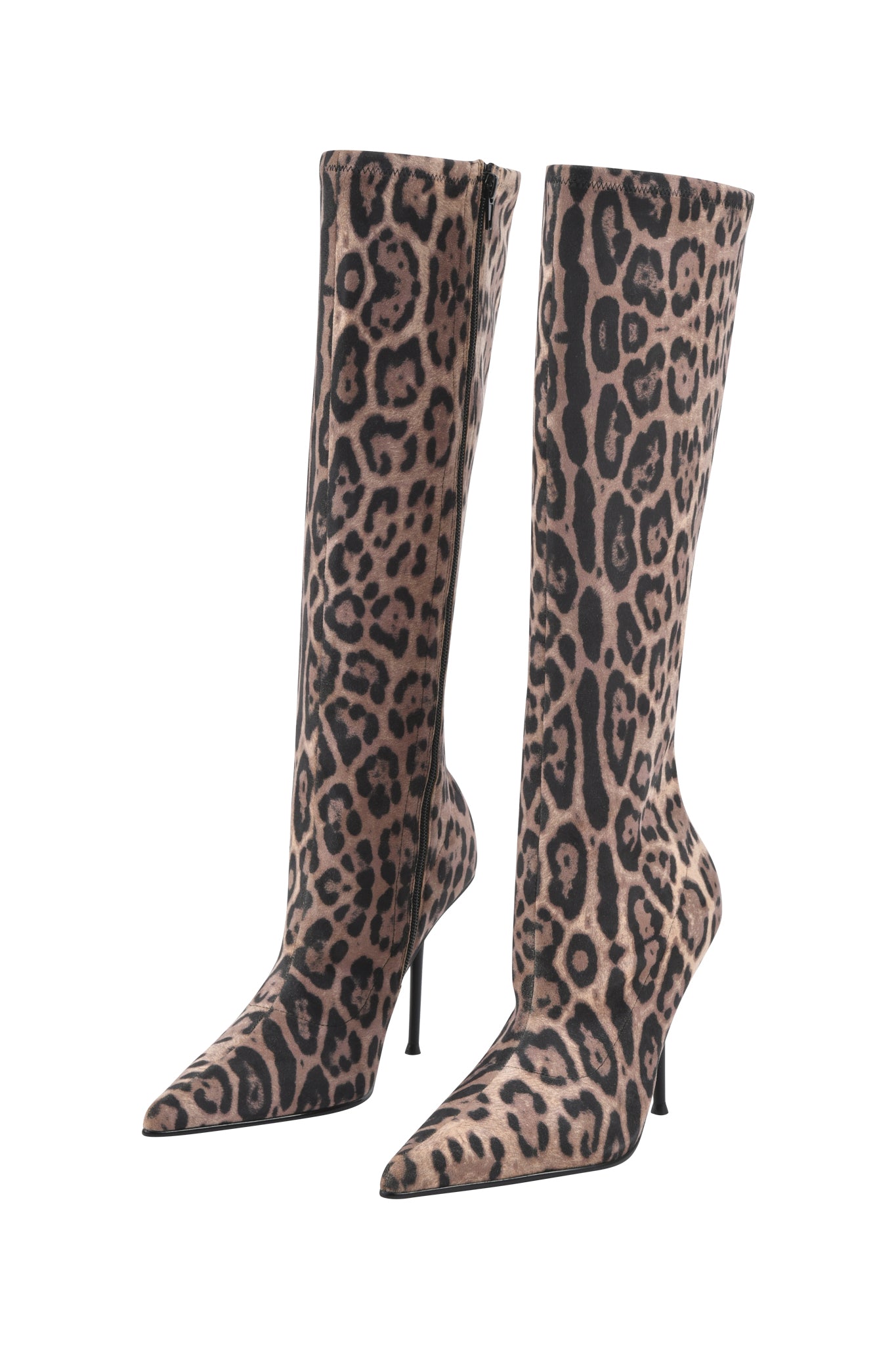 The I.AM.GIA YANA KNEE HIGH BOOTS - PANTHERA feature a striking brown and black leopard print, pointed toes, and high stiletto heels for a bold statement look.