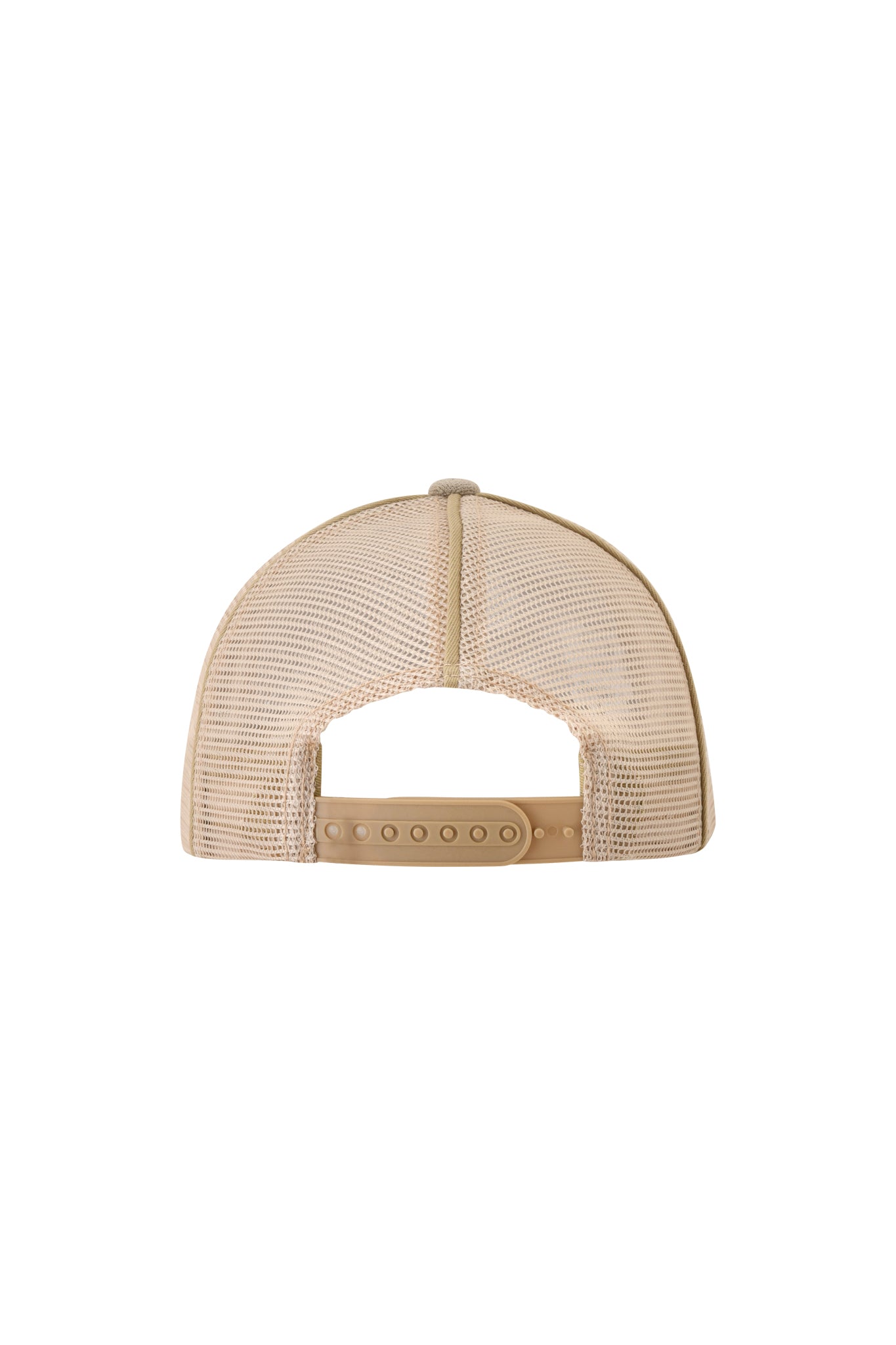 The ISSHA TERRY HAT - STONE by I.AM.GIA is shown from the back, highlighting its adjustable snapback closure, ventilated mesh panels, and soft terry cloth sweatband for comfort.
