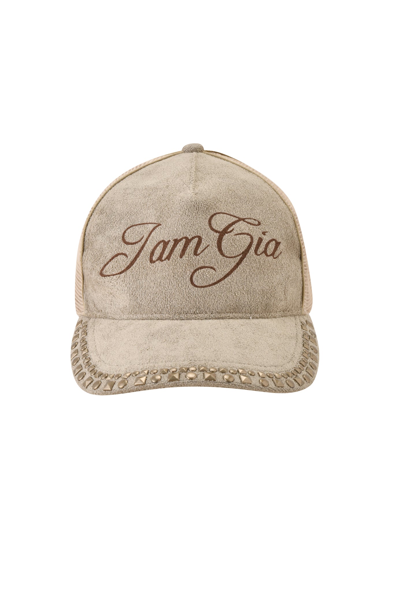 The ISSHA TERRY HAT - STONE by I.AM.GIA is a beige suede mesh snapback baseball cap with “I.AM.GIA” in brown script on the front and a braided trim along the brim.