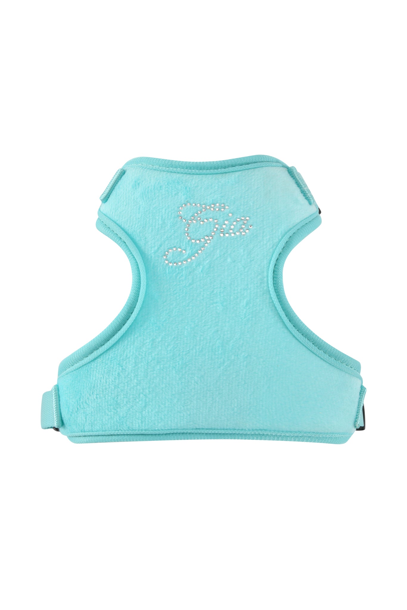 The I.AM.GIA STAR PAWFECT 3-PIECE SET in baby blue features a soft velour dog harness with "Gia" in rhinestones and adjustable side straps for comfort.