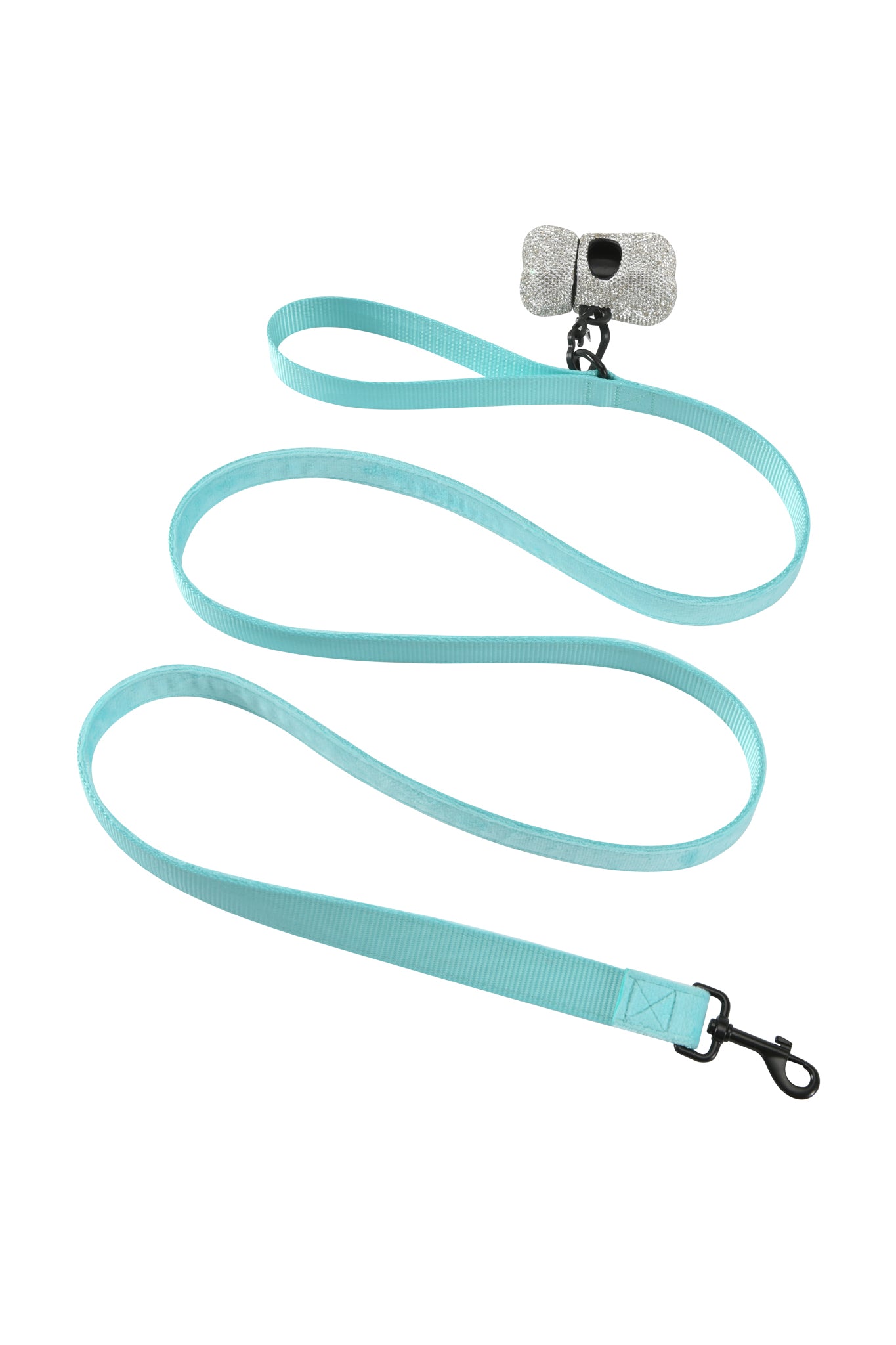The STAR PAWFECT 3-PIECE SET - BABY BLUE by I.AM.GIA features a light blue leash with a black metal clip and gray waste bag dispenser, paired with a matching baby blue harness, all displayed on a white background.