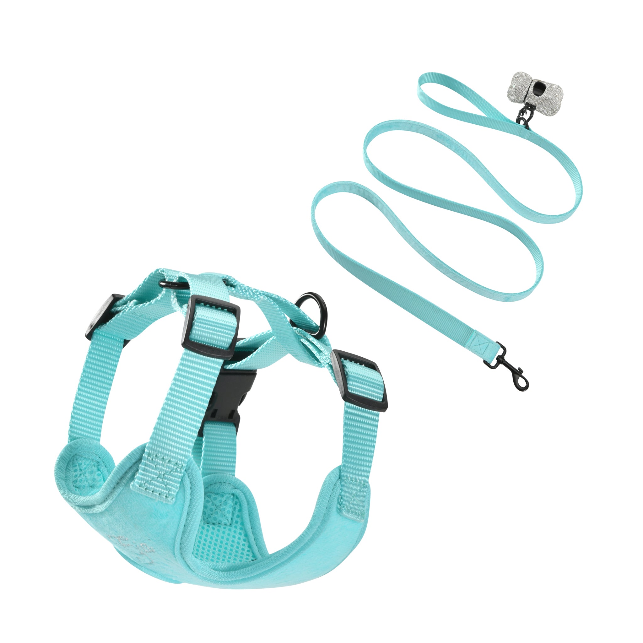 The STAR PAWFECT 3-PIECE SET - BABY BLUE by I.AM.GIA features a baby blue pet harness and matching leash, both with black buckles and metal clips, shown on a white background.