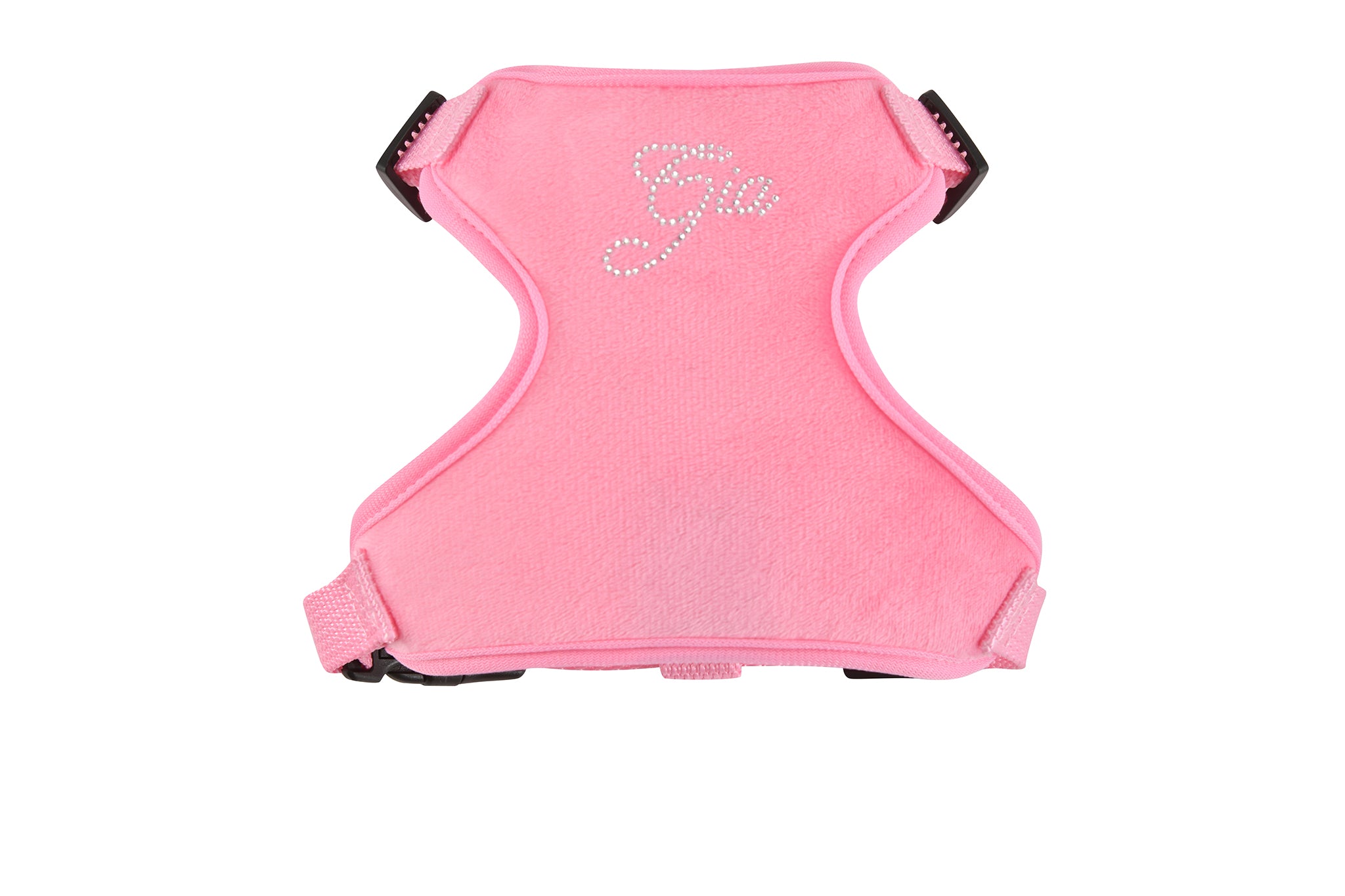 The STAR PAWFECT 3-PIECE SET - BABY PINK by I.AM.GIA features a pink velour pet harness with black buckles and "Gia" in rhinestones, perfectly paired with a matching rhinestone dog bag dispenser.