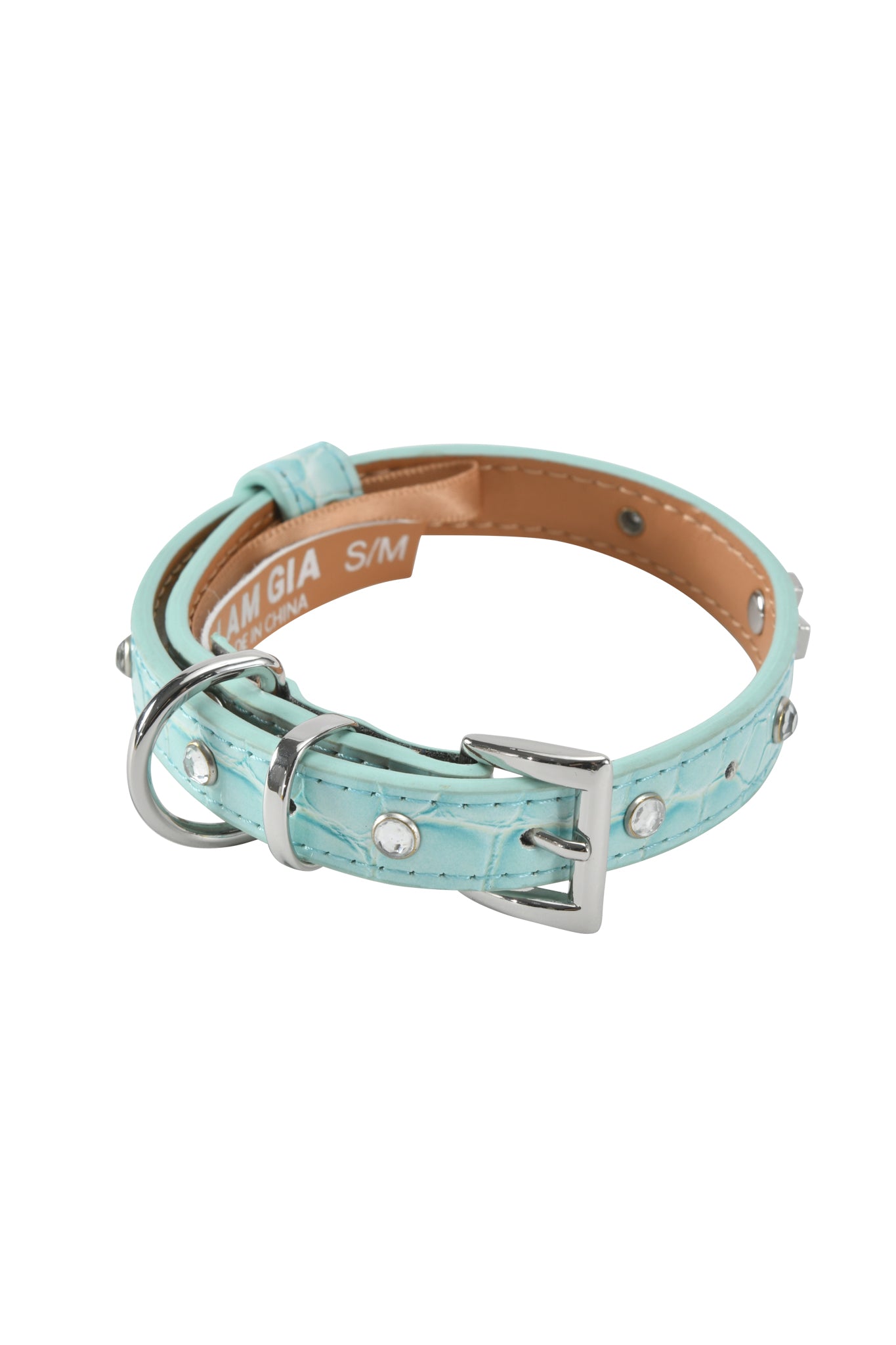 The STAR PET COLLAR - BABY BLUE by I.AM.GIA is a stylish faux leather dog collar with silver studs, a metal buckle, and D-ring. It features a tan interior with a white "S/M" size label and is shown on a white background.