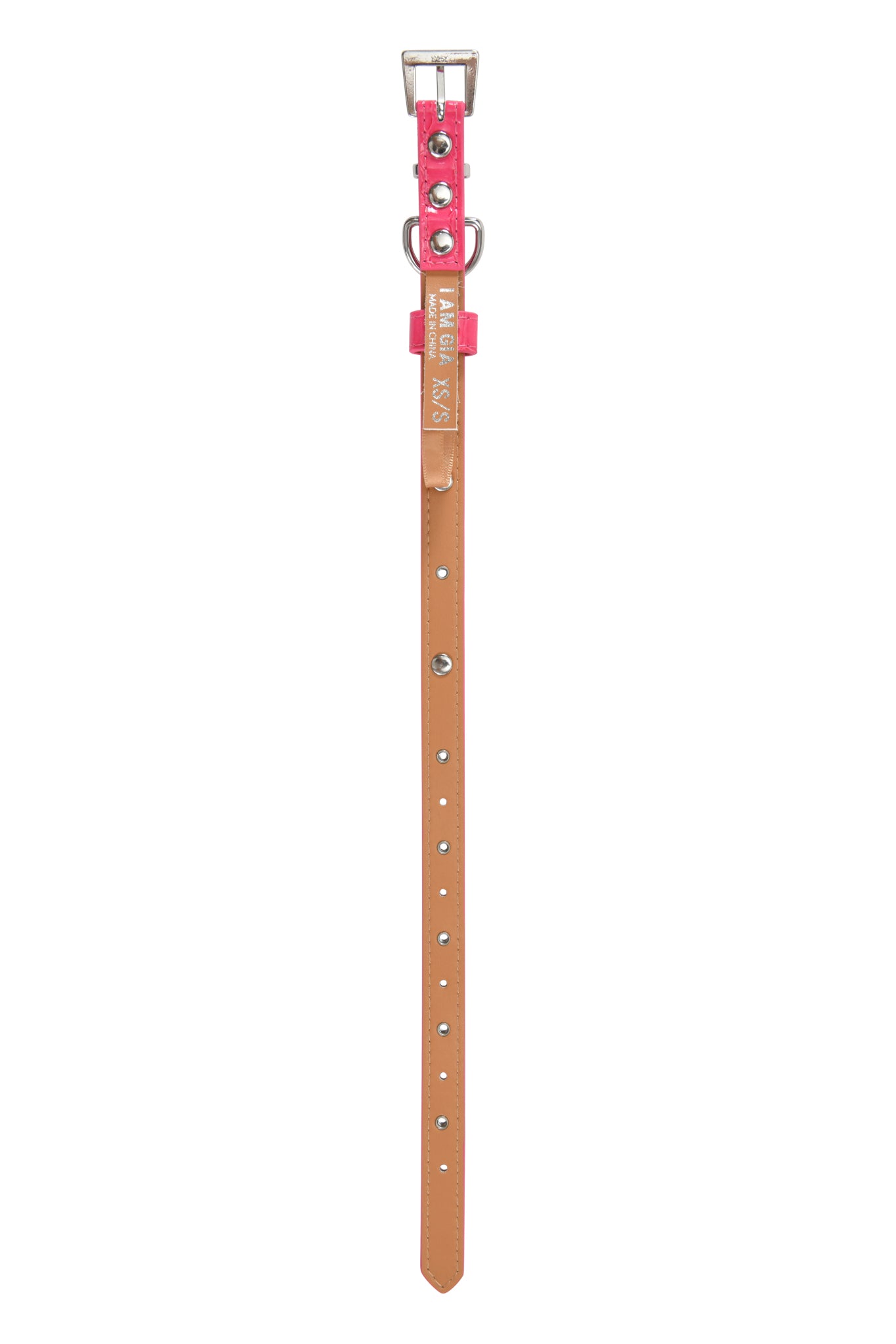 The STAR PET COLLAR - HOT PINK by I.AM.GIA features a brown adjustable strap, a hot pink faux leather section with metal studs near the buckle, and a metal ring for attaching your dog's tag or leash.