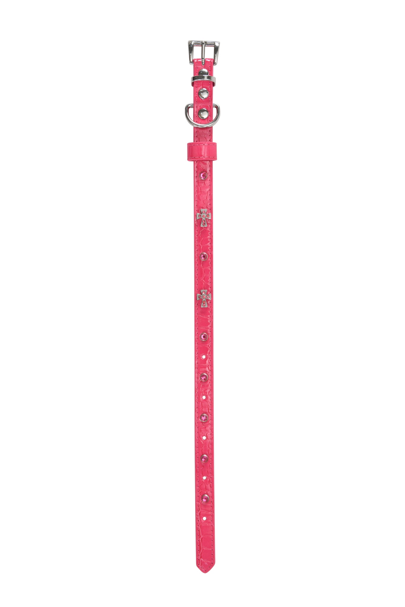 The I.AM.GIA STAR PET COLLAR - HOT PINK is a vibrant faux-crocodile leather dog collar featuring silver studs, rhinestone cross charms, a metal buckle, and an adjustable fit, shown on a white background.